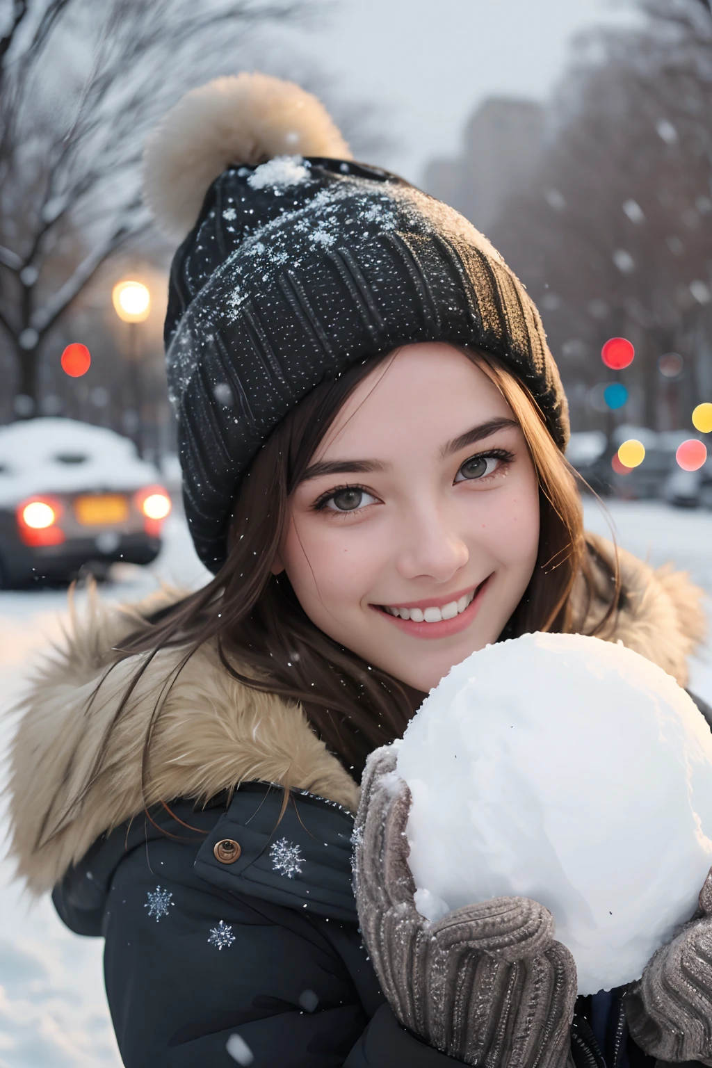 RAW photo, award winning portrait of 20yo american girl, beautiful, big smile, black eyes, throwing snowball behind a car, winter, snow in the street, winter coat and hat, dark blonde hair, outside, central park at night, (high detailed skin:1.2),8k uhd,dslr,soft lighting,high quality,film grain,Fujifilm XT3