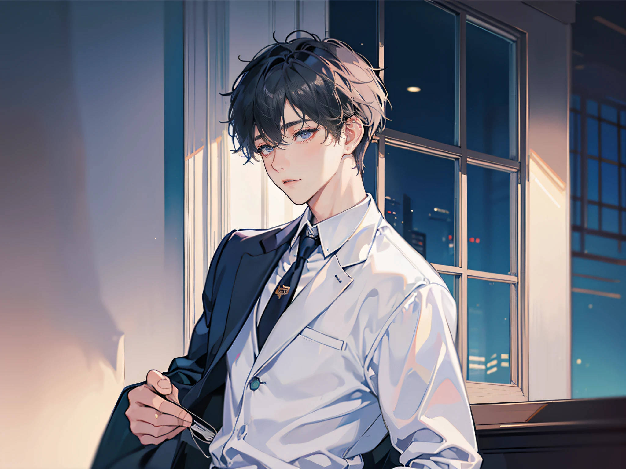 1boy, Face Focus, Adults, Business suits, jaket, white  shirt, neck tie, underpants, top-quality, adopt, A detailed face, s Office, Building from the window, 细致背景, natta, depth of fields, bokeh dof,Menhera
