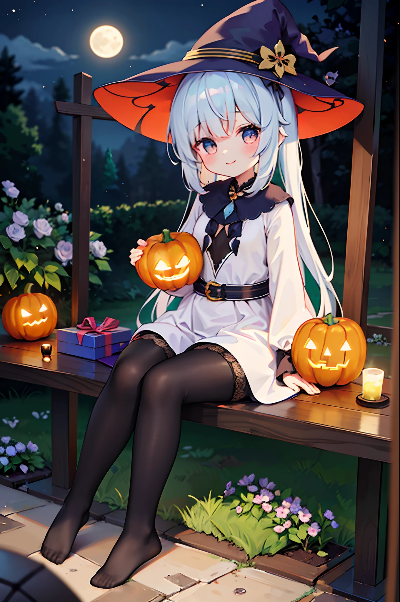 absurderes, A high resolution, Ultra detailed, (1girll:1.3) , Halloween Witches, ((Lovely smile)),Wizard robes, Wizard's Hat, Jack O's lantern, Night, Moon illumination,
Break, halloween atmosphere,
, Kaleidoscopic imagery, Symmetrical pattern, Vibrant colors, geometric shapes, Engaging design, optical illusions, Dynamic synthesis
break
, The art of pantomime, Expressive body language, Silent storytelling, Evocative gestures, Visual storytelling, Theatrical performances
break
, Pumpkins in bloom, Colorful petals, Fragrant scent, A gift from nature, Vibrant garden, peaceful scenery,Heart-shaped, 1girll,Solo,(Loli:1.3),Solo,