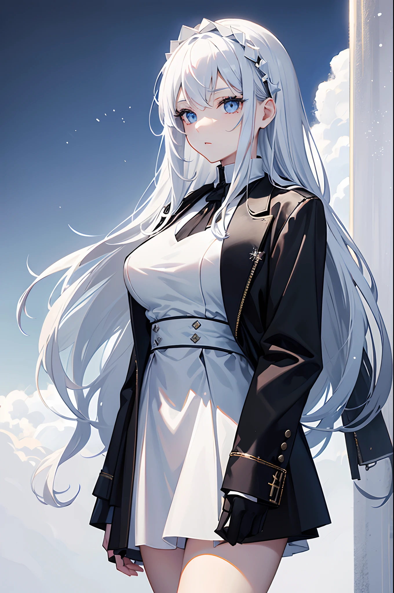 Anime girl with long white hair and blue eyes standing in front of 