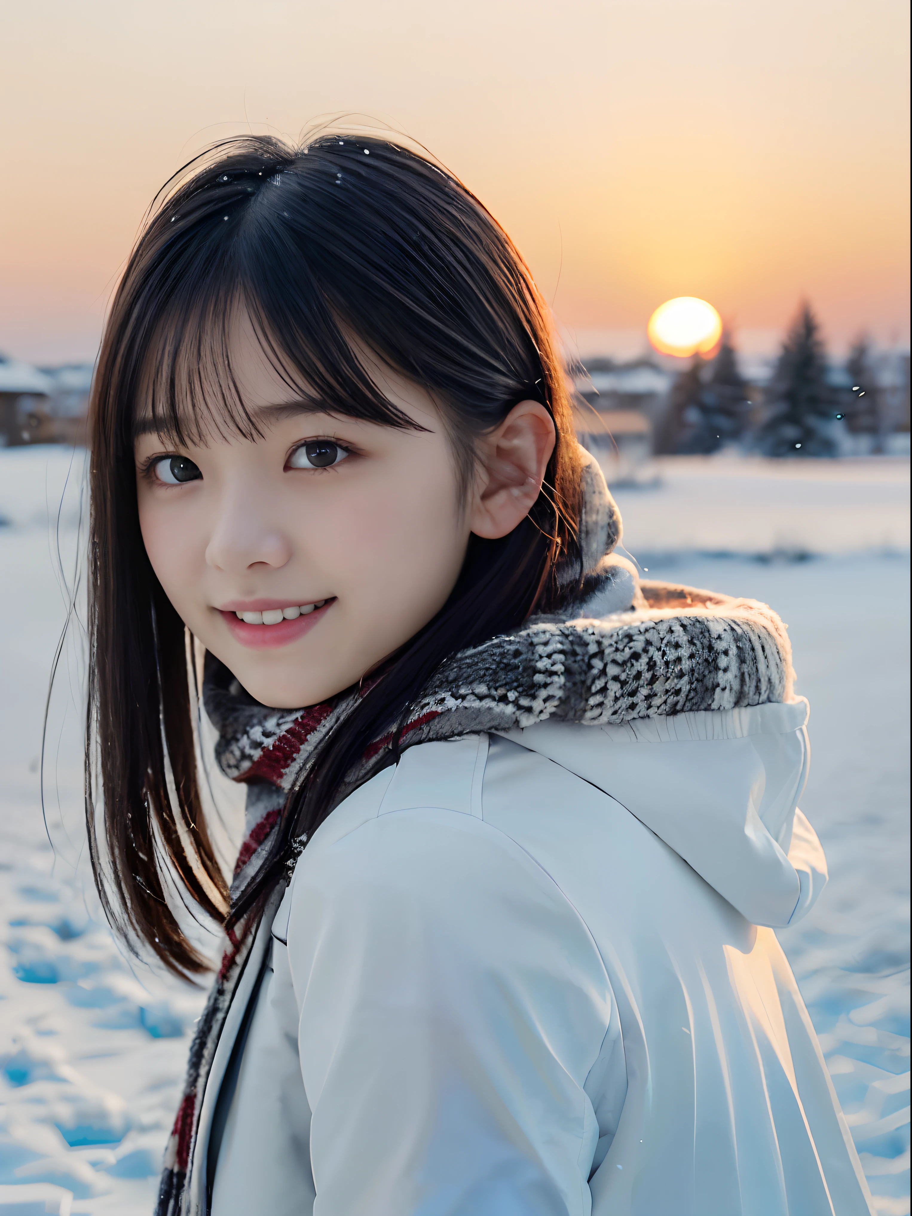 (A close-up portrait of one slender girl has long hair with dull bangs in winter uniform with white winter coat and a gray scarf:1.5)、(One girl looked back with small smile and her hair fluttering in the wind:1.3)、(Beautiful snowy sunset red sky:1.5)、(Perfect Anatomy:1.3)、(No mask:1.3)、(complete fingers:1.3)、Photorealistic、Photography、masutepiece、top-quality、High resolution, delicate and pretty、face perfect、Beautiful detailed eyes、Fair skin、Real Human Skin、pores、((thin legs))、(Dark hair)