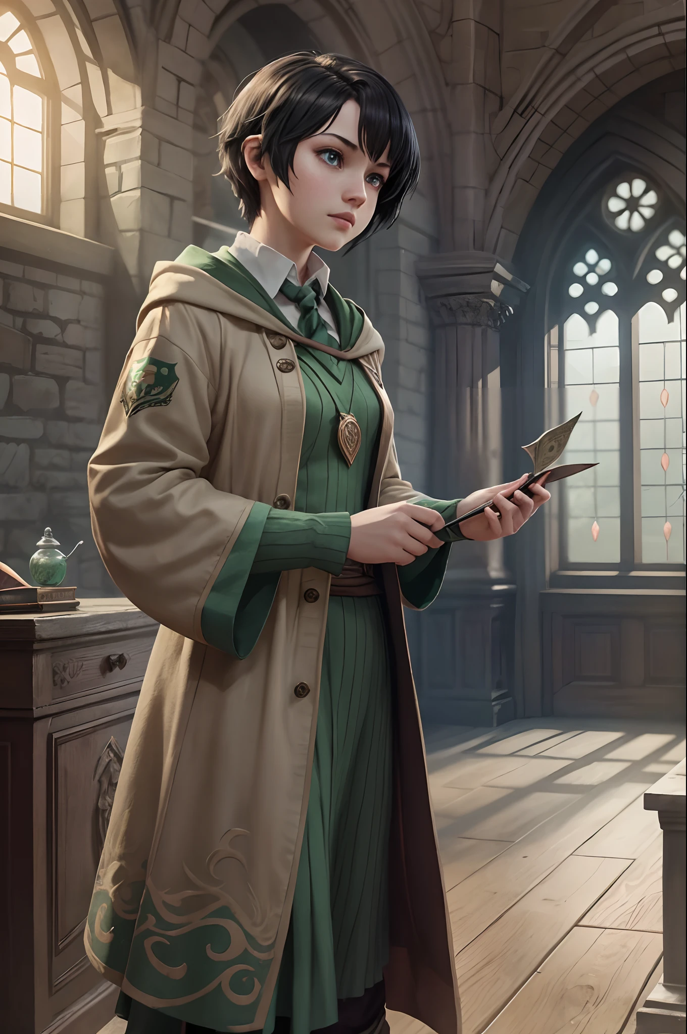 1 girl short medium black hair, 1 boy, in a room filled of light, medium shot of two characters, two characters, in hogwarts, hogwarts style, dressed with fluent clothes, with two characters, both wearing hogwarts robes, slytherin robes, from bravely default ii, two different characters, magic awakened, hogwarts legacy, style game square enix --auto --s2
