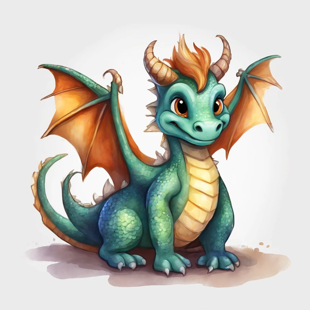 (cute little European Dragon:1.5),character design, sticker design, (cartoon:1.3),(chibi:1.2),(pixar style:1.2),(cute expression:1.1),(big eyes:1.1),(watercolor:1.1),(separated from white background:1.1)