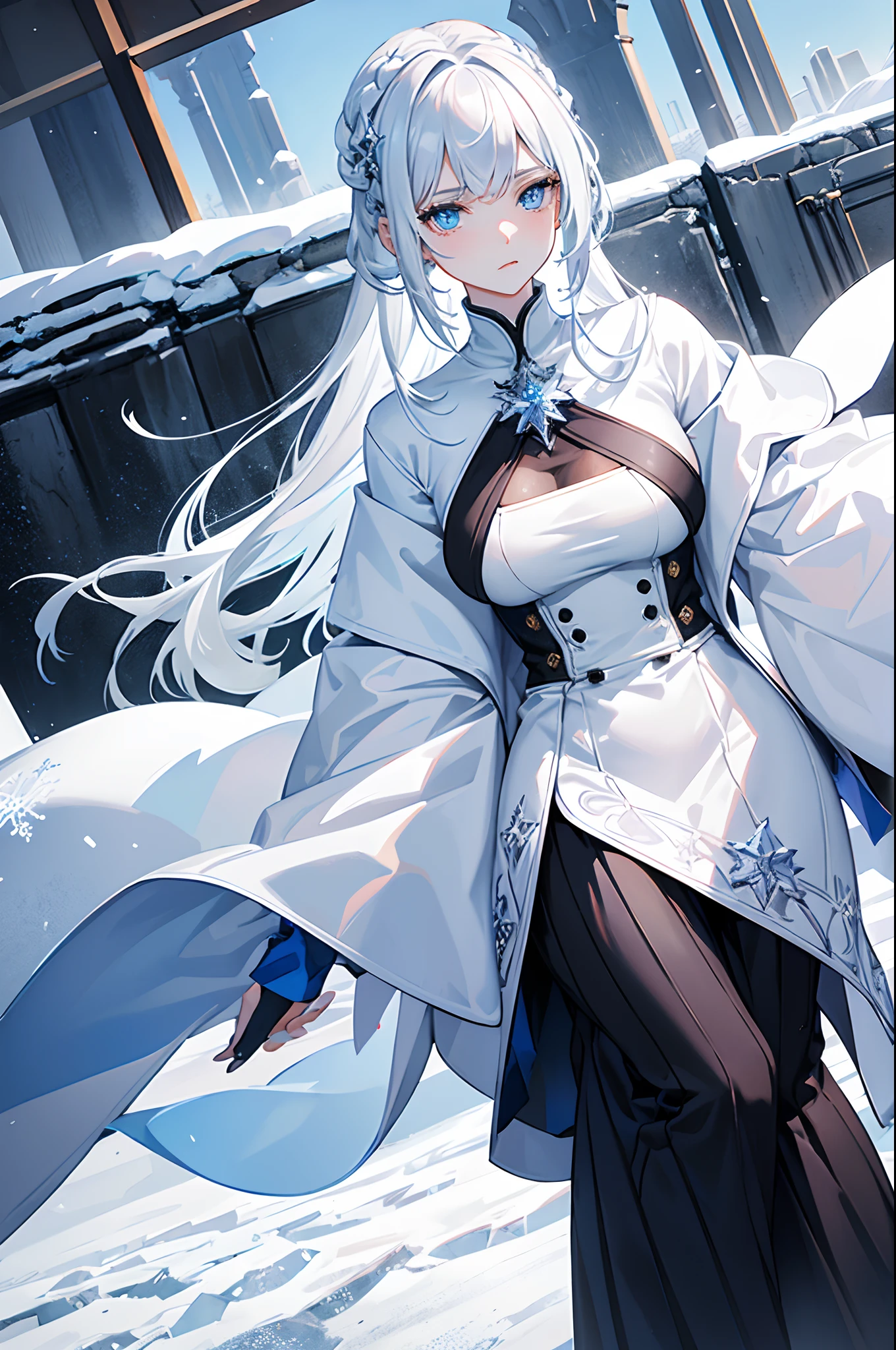 A woman wearing a long black cold coat, silver hair and blue eyes, outside Neuschwanstein castle, snowing place, frosty weather
