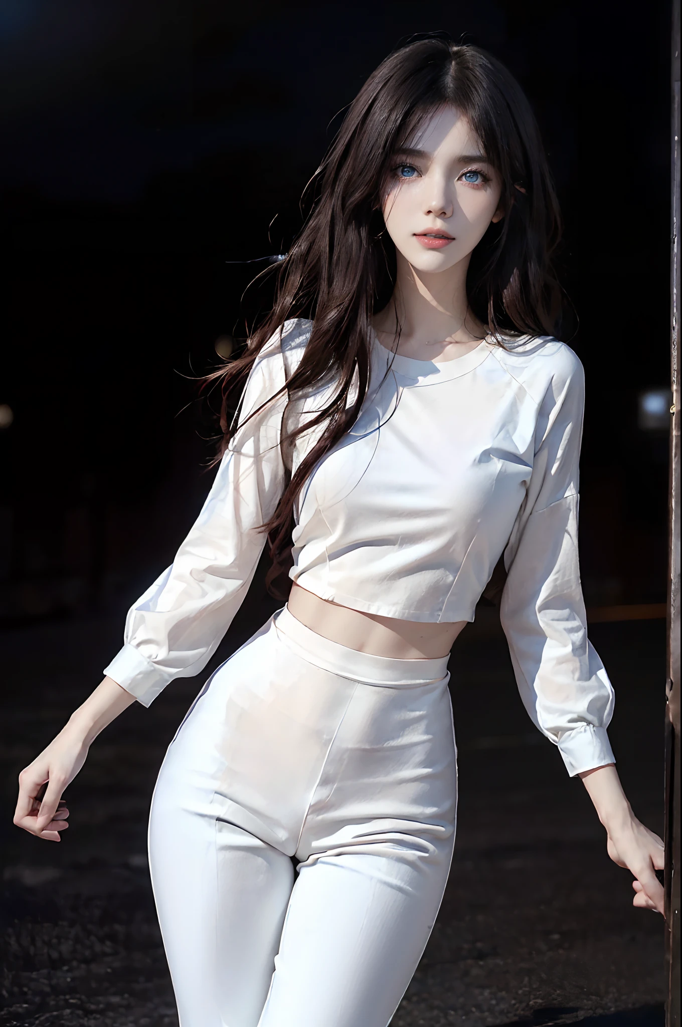 ((4K works))、​masterpiece、(top-quality)、1 beutiful girl、Slim body、tall、((Black Y-shirt and white pants、Attractive streetwear and black bags))、(Detailed beautiful eyes)、Midnight Night、((Pitch-black intersection))、Stroll through fashionable intersections、((Face similar to Carly Rae Jepsen))、((Long boyish red hair))、((Smaller face))、((Neutral face))、((Bright blue eyes))、((American adult women))、((Adult female 26 years old))、((cool lady))、((Like a celebrity))、((Smiling expression))、((Korean Makeup))、((elongated and sharp eyes))、((Happy dating))、((boyish))、((She is walking in a secluded place))、((She is walking in front of the viewer))、Professional Photos、((Pitch black lighting))、((Black lighting))