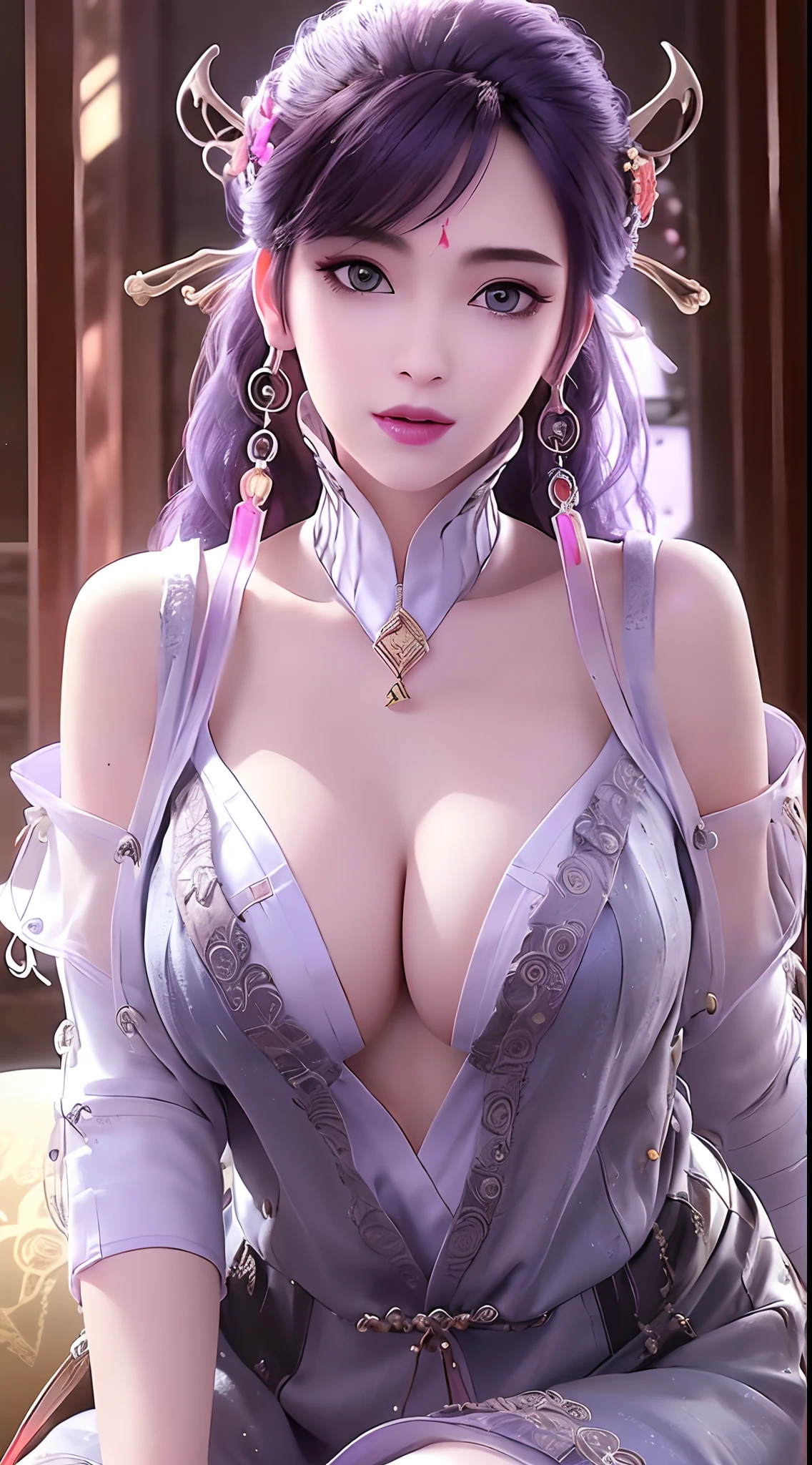 1 beautiful and sexy 20 year old girl, ((ultra-thin sexy nightgown with deep slits to cover :1.8)), ((full nude:1.6)), ((The girl wore an off-the-shoulder dress that revealed her cleavage and exposed her breasts beautifully:1.8)), ((long black hair:1.8)), bangs, elaborate jewelry made from precious stones and beautiful hair, the noble, noble style of an extremely girl beautiful, very pretty and lovely face, ((bright face:1.2)), very pretty face, thin eyebrows, eyes are so beautiful and perfect, flawless beautiful face, ((black pupil: 0.8)), very beautiful eyes, ((eyes silver: 1.5)), ((light purple eyeshadow makeup is very attractive and devilish:1.6)), beautiful makeup and detailed hairdo, eyelashes, steamy eye makeup, high nose, earrings, plump red lips, beautiful and balanced lips, ((closed mouth: 1.5)), slim hands, beautiful thighs best, ((Sitting position, chest puffed out and arms behind: 1.6)), ((unbutton the girl's shirt:1.6)), ashamed, rosy face, clean face, flawless beautiful face, smooth white skin, (big breasts: 1.3)), ((high breasts: 1.6)), firm breasts, beautiful cleavage, (((big and super round breasts: 1.5))), ((super tight breasts: 1.5)), beautiful breasts, busty breasts, perfect body, thrust your chest forward, 8k photo, super high quality, hyper realistic, super 10x pixels, optical, studio bright, edge bright, two-tone lighting, (high detail skin: 1.2), super 8k, soft light, high quality, volumetric light, optical, high resolution optical, light, best photo, 8k quality, smooth sharpness, (((bright white skin, super bright background: 1.2))), (((super bright skin:1.5))), bright colors harmonious light, ((red flower background:1.5)), aurora, lightning, surreal graphics, most realistic graphics, alone, solo, Extremely sharp, surreal images, look at the beautiful girl's body, (((frontal portrait: 1.2)))."
