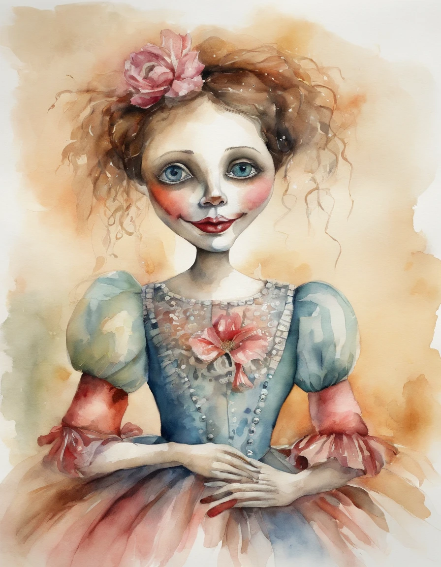 (highres, best quality:1.2), radiance, soft contours, creepy puppet, doll with empty eyes, funny dress