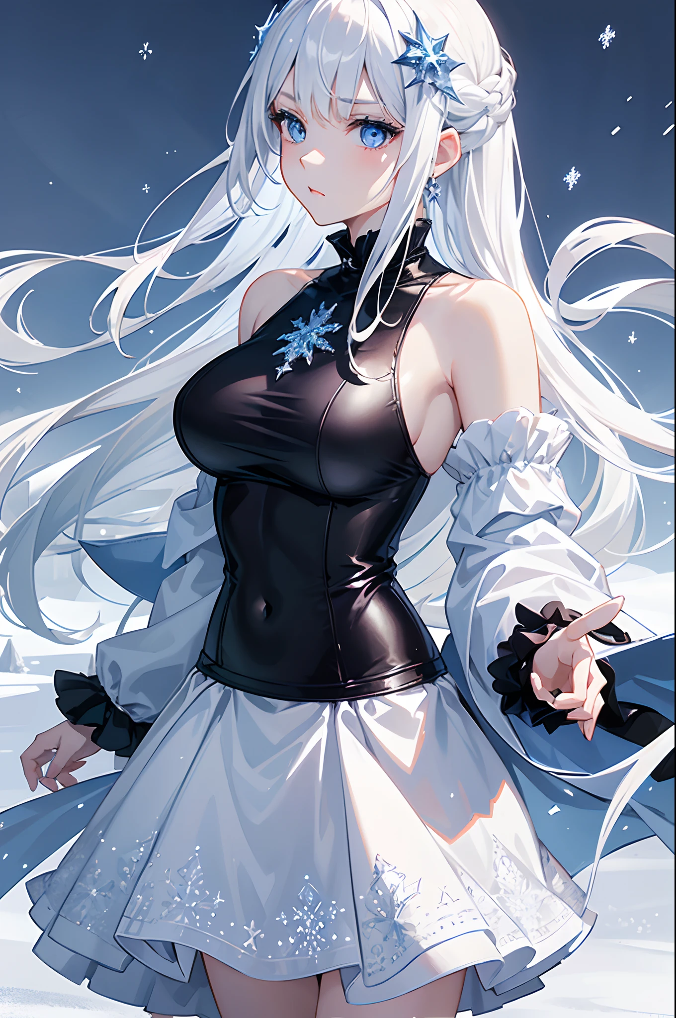 masterpiece, highlydetailed, ultra-detailed, cold, solo, (1girl), (pale skin), icyblue eyes, frosty white hair, cool Chara, flat face, young lady, lady chara, medium boobs, Arrogant, confident, cold face, goddess, cool kuudere girl, sharp eyes, (snowy background), snowflakes, (frozen flowers:0.5), (calm expression), (sparkling ice crystals), (modern casual clothes), (feminine clothes), (snow-covered ground), (icy breath)