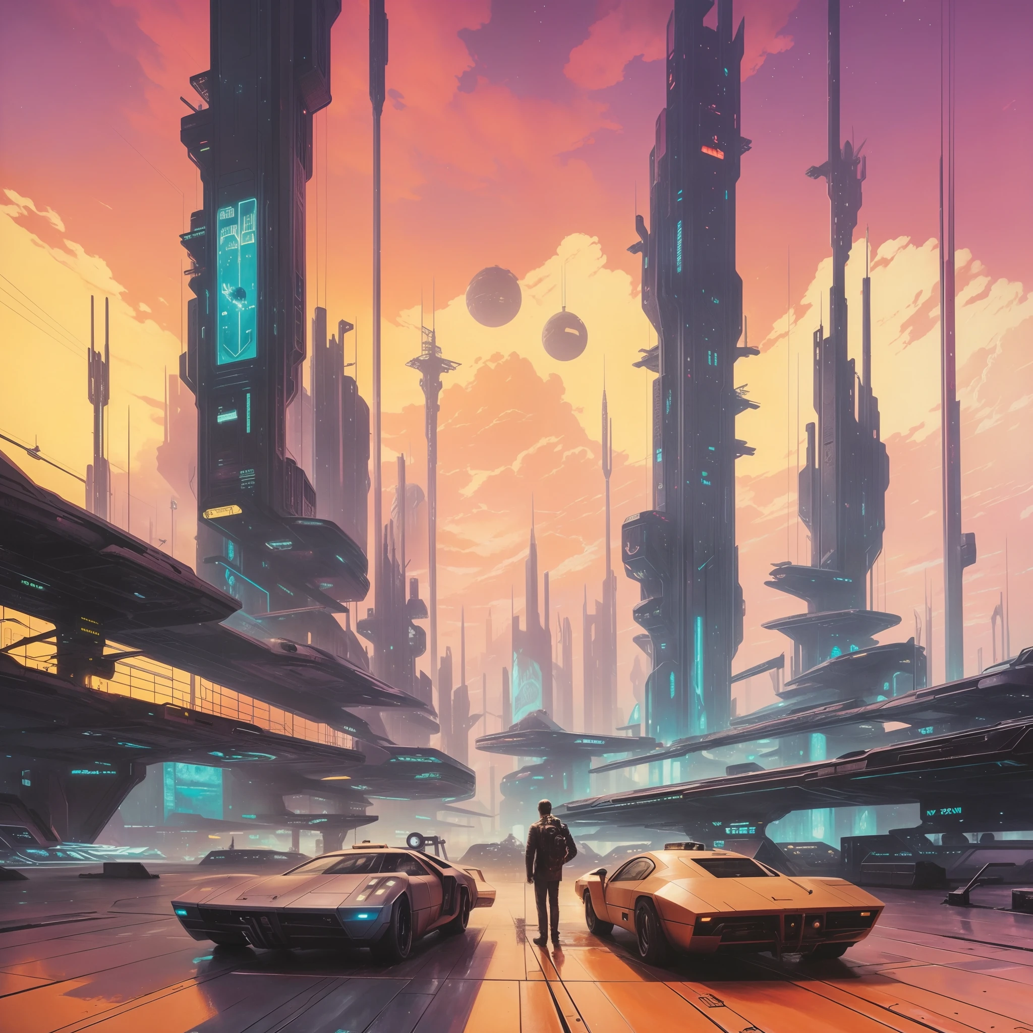 a painting of a man standing in front of a futuristic city, in fantasy sci - fi city, greg beeple, futuristic painting, paul lehr and beeple, futuristic art, sci fi art, sci-fi art, sci - fi art, futuristic street, in a futuristic city, futuristic city street, science fiction city, in a futuristic cyberpunk city