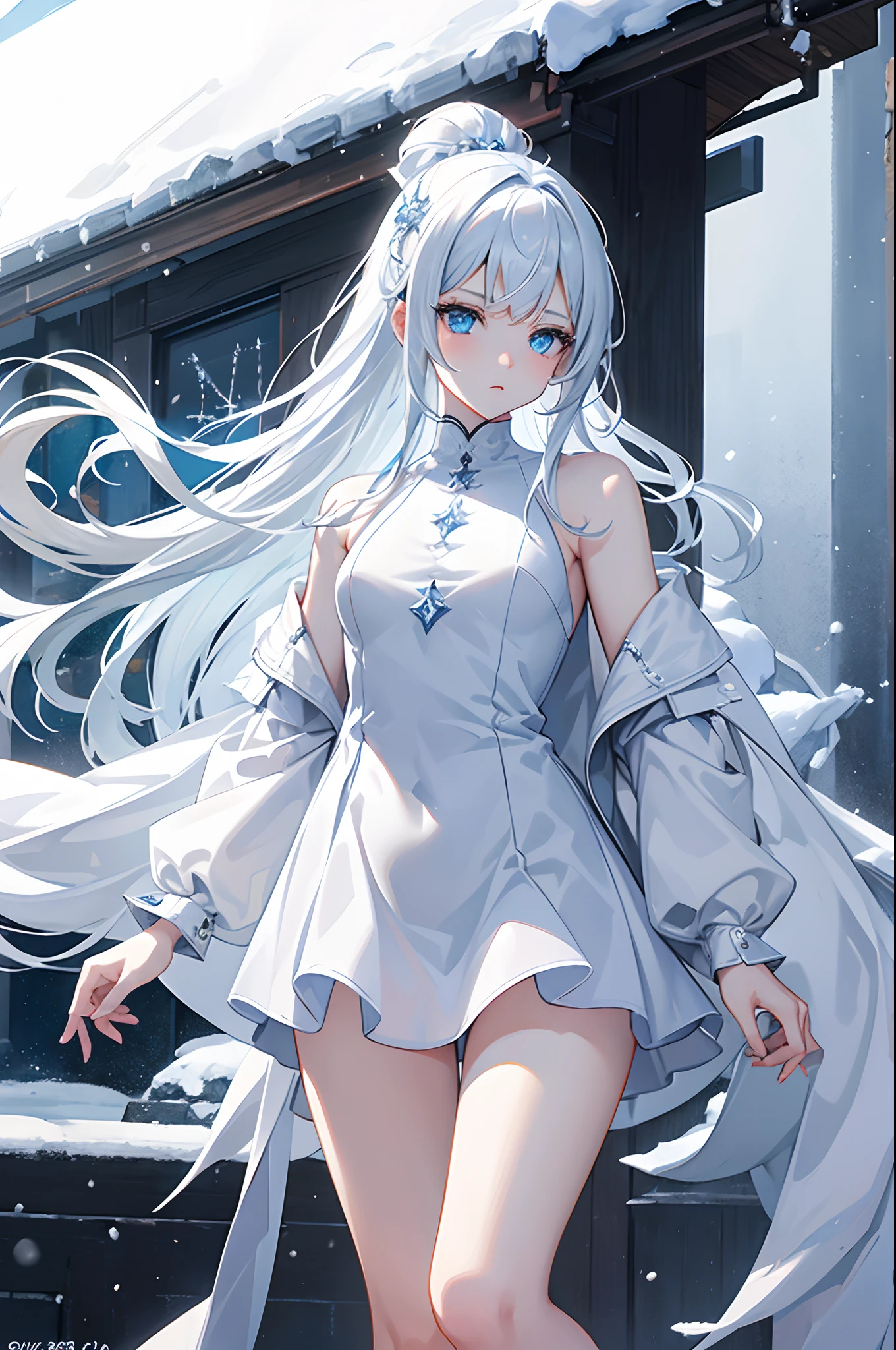 masterpiece, highlydetailed, ultra-detailed, cold, solo, (1girl), (pale skin), icyblue eyes, frosty white hair, cool Chara, flat face, young lady, lady chara, medium boobs, Arrogant, confident, cold face, goddess, cool kuudere girl, sharp eyes, (snowy background), snowflakes, (frozen flowers:0.5), (calm expression), (sparkling ice crystals), (modern casual clothes), (feminine clothes), (snow-covered ground), (icy breath)