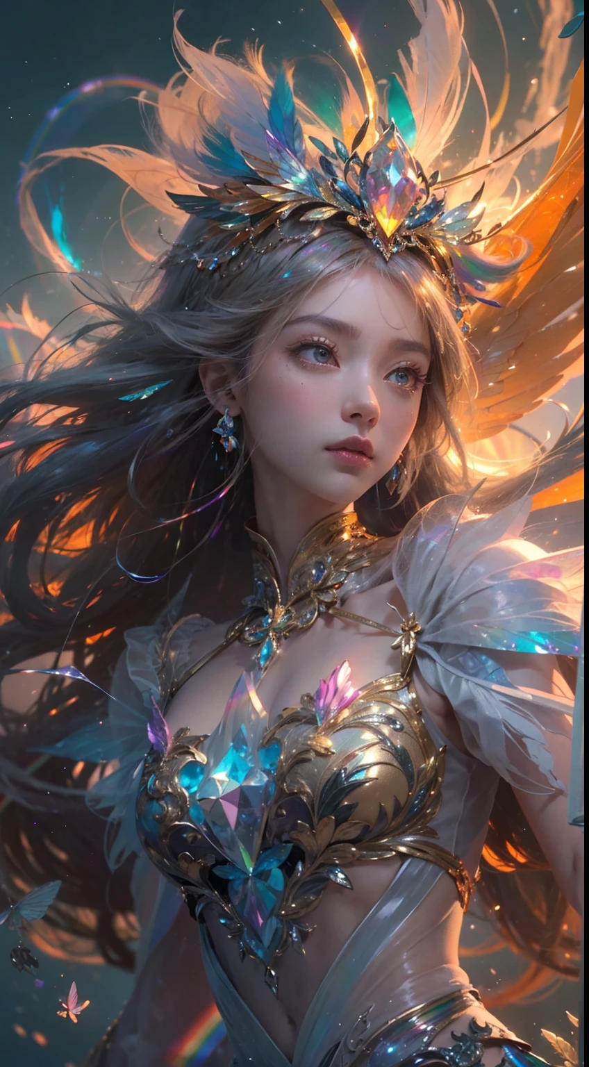 (((masterpiece))), (((best quality))), ((ultra-detailed)),(highly detailed CG illustration), ((an extremely delicate and beautiful)),cinematic light, Create a stunning fantasy artwork that mimics the style of currently trending masters of the genre. The art piece should contain elements of both mythic fantasy and fairytale fantasy with dreamy rainbow accents. ((Utilize the rainbow as the main color scheme.)) The character in the artwork is a delicate but strong petite figure with an aura of mystery and magic and (beautiful translucent rainbow wings). Pay close attention to intricate facial features, such as mesmerizing eyes with vibrant colors and bold shading. The character's clothing should be designed with gossamer feathers, silk, stunning embroidery, and subtle iridescent details. Incorporate (((translucent rainbows))), dreamy colors, dynamic lighting, and detailed background elements to create a sense of awe and immersion. Include colorful flying magical birds and jewel-toned rainbow butterflies radiating a magical aura. Consider the latest trends in fantasy art, such as incorporating unique lighting effects, exploring dynamic and compelling composition techniques, and experimenting with unique color palettes. Take inspiration from the top artists on ArtStation and Midjourney. Camera: Choose an angle that highlights the character's beauty and enhances the magical majesty of the artwork. Lighting: Utilize atmospheric lighting techniques to create depth and mood. Resolution: Aim for a high-resolution artwork to showcase intricate details and clarity. Art Inspirations: Seek inspiration from the trending artists on ArtStation, exploring different styles, genres, and themes.