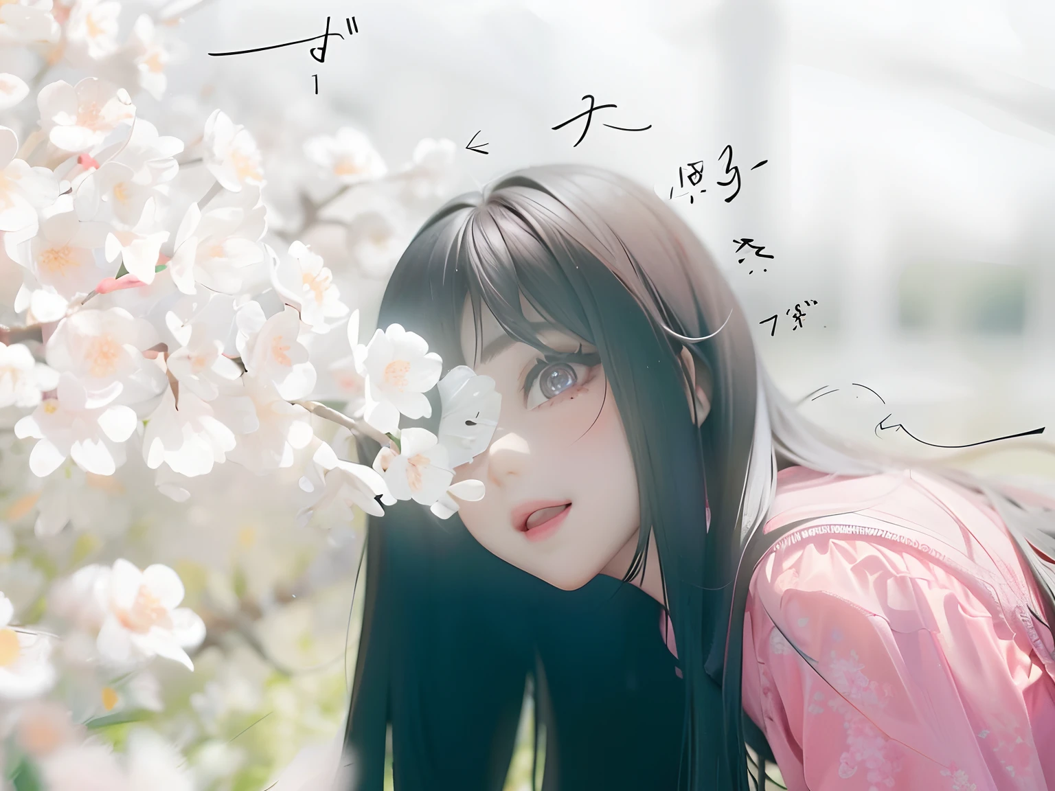 1 Korean girl, beautiful and cute, blackish red hair, wearing a long pink t-shirt, facing the audience, bending over, has beautiful eyes, black eyeballs, thin lips, a slight smile, there is a beautiful cherry blossom tree, eyes looking at the camera, has chibi cheeks, perfect, pointed nose
