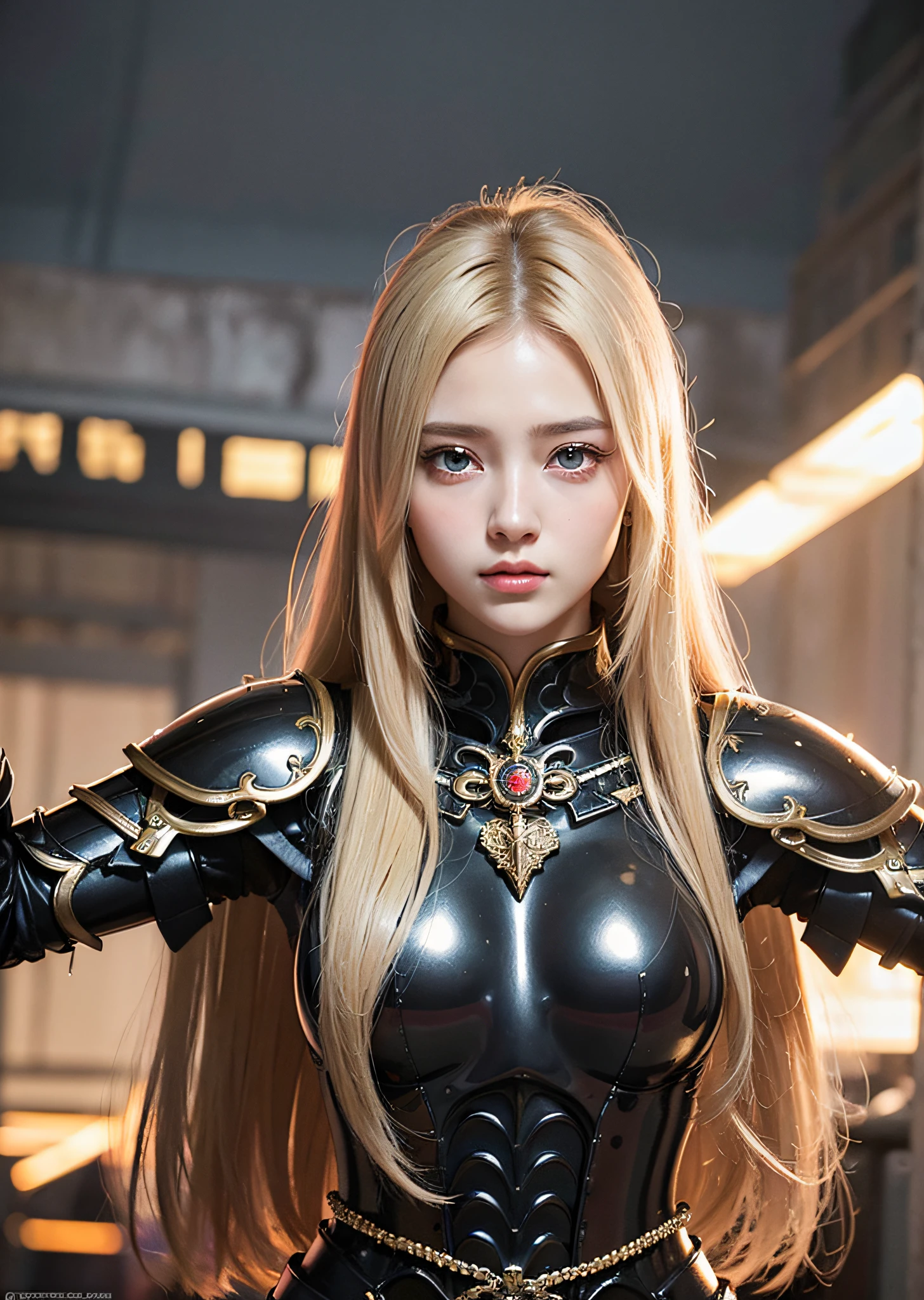 top-quality、​masterpiece、超A high resolution、(Photorealsitic:1.4)、Raw photo、１a person、Unparalleled beauty, Lustrous firmness and shiny skin, Bangs between the eyes, Glossy Straight Beautiful Dazzling Golden Platinum Blonde, Super Long Straight Silky Hair, eye line, Sexy beautiful innocent , High definition big beautiful bright blue eyes, Beautiful and nice girl, Baby face, Fjet black armor、full-plate-armor、Beautiful big eyes、 a medieval castle、