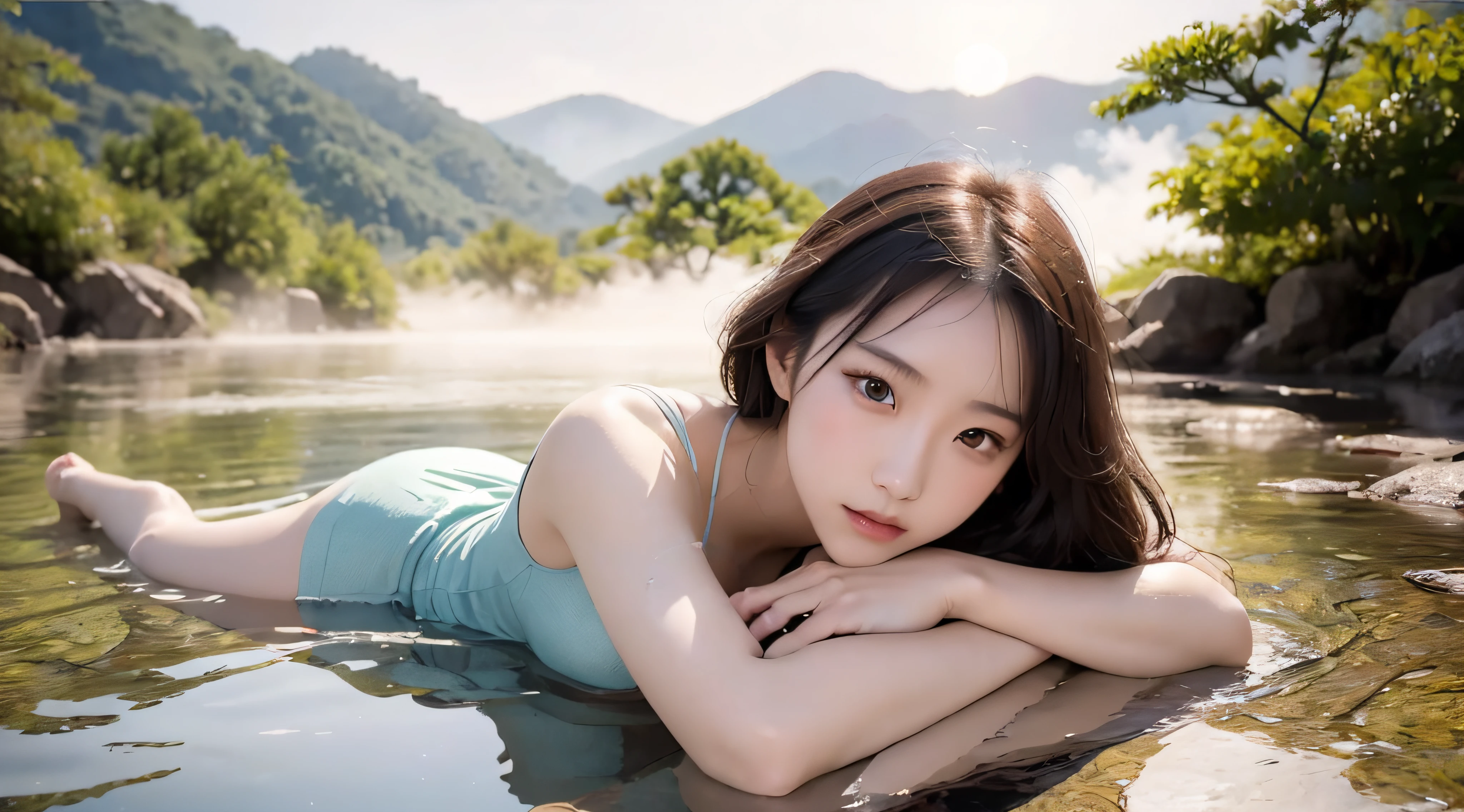 top-quality、​masterpiece、超A high resolution、(Photorealsitic:1.4)、Raw photo、女の子1人、off shoulder gentle、with light glowing、japanes、Nice style、Beautuful Women、languorous expression、white water coming out of the face