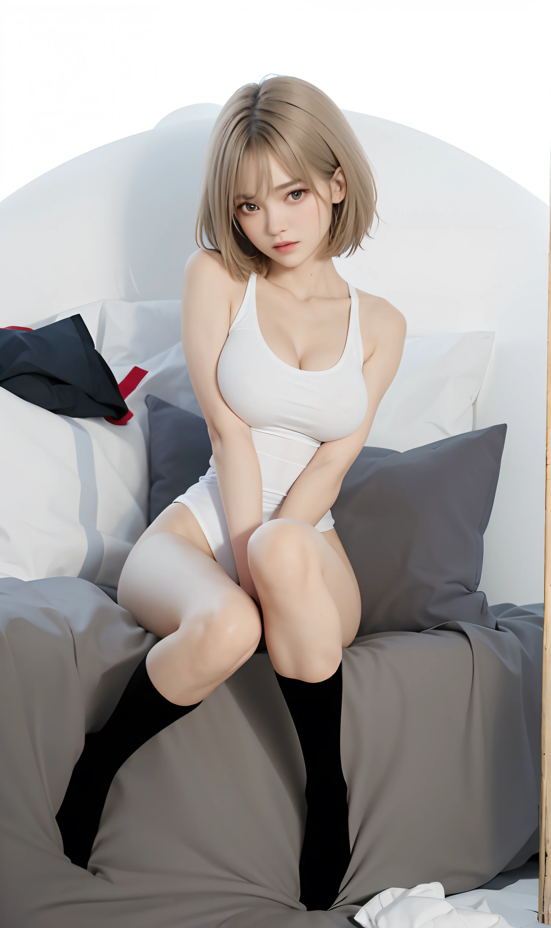 hot with shining sun, wearing tight shirt, tall thin beautiful goddess,Wear a white T-shirt, No navel，huge tit，Big breasts Thin waist，Thin waist fat buttocks，Exaggerated large round chest，Clothes do not wrinkle，Clothes come in only one color, [ 4 K digital art ]!!, Bodysuits, tall thin beautiful goddess, hot with shining sun, lighting perfect, side-lighting, Detailed face, Bright Skin, Simple background, Dark background, tight costume, Smooth white skin, with backdrop of natural light, best qualtiy， realisticlying， 8K， A high resolution，Eighteen-year-old girl，（（Large round chest：1.4）），No collar，short detailed hair，black sock，No toes，white swimsuits，Pure black socks