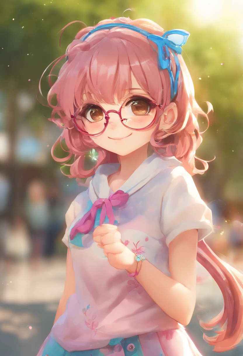 (Masterpiece, best quality, captures a super cute moment, depth of field, ultra detailed, ultra high resolution, C4D, Octadale, 3D modeling, 8k, 16k, one girls,a junior high school student, small-breasts,black-hair,short-hair,straight haired,Light brown eyes, horseshoe-shaped hairband,wearing black glasses,cute face)