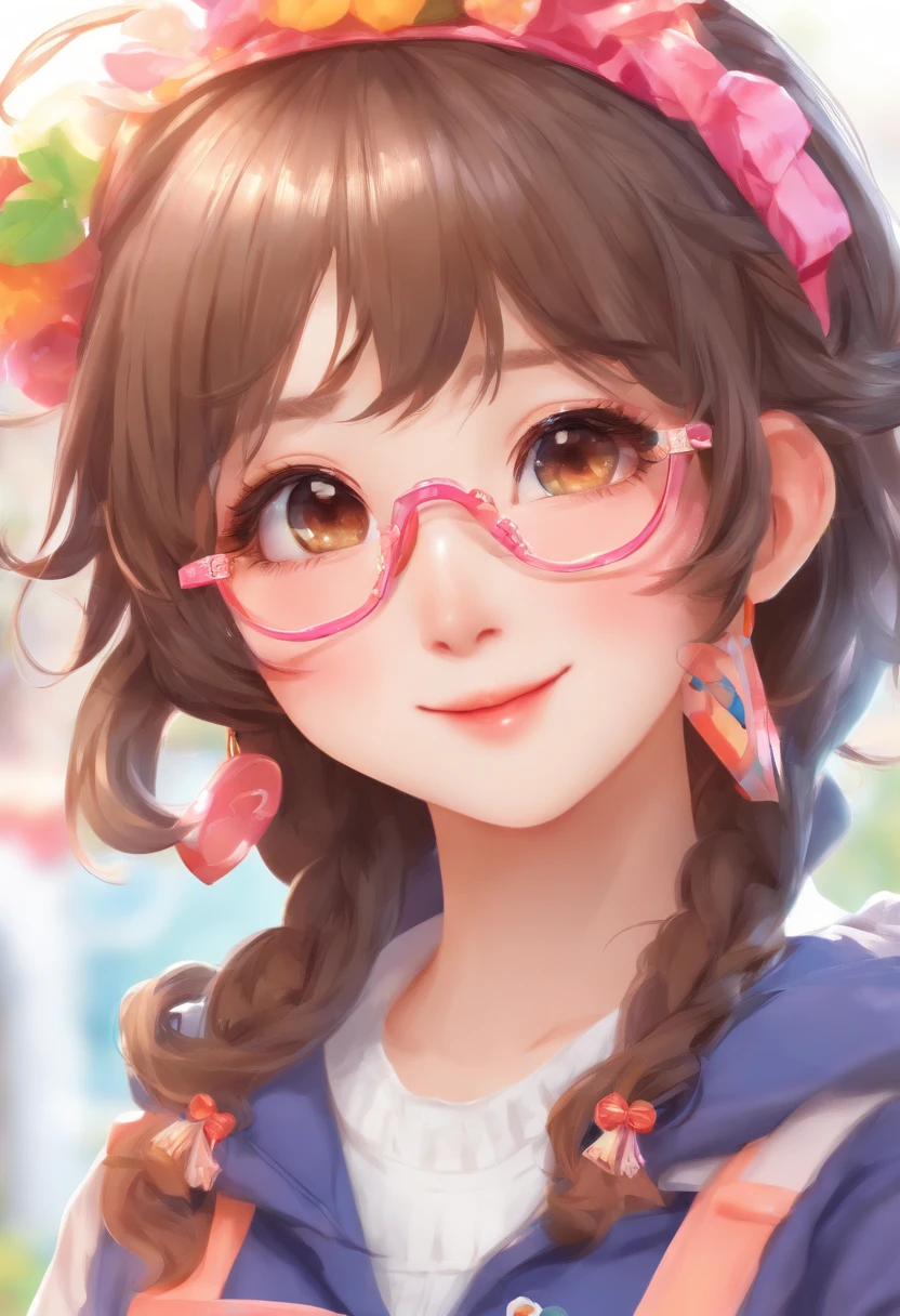 (Masterpiece, best quality, captures a super cute moment, depth of field, ultra detailed, ultra high resolution, C4D, Octadale, 3D modeling, 8k, 16k, one girls,a junior high school student, small-breasts,black-hair,short-hair,straight haired,Light brown eyes, horseshoe-shaped hairband,wearing black glasses,cute face)
