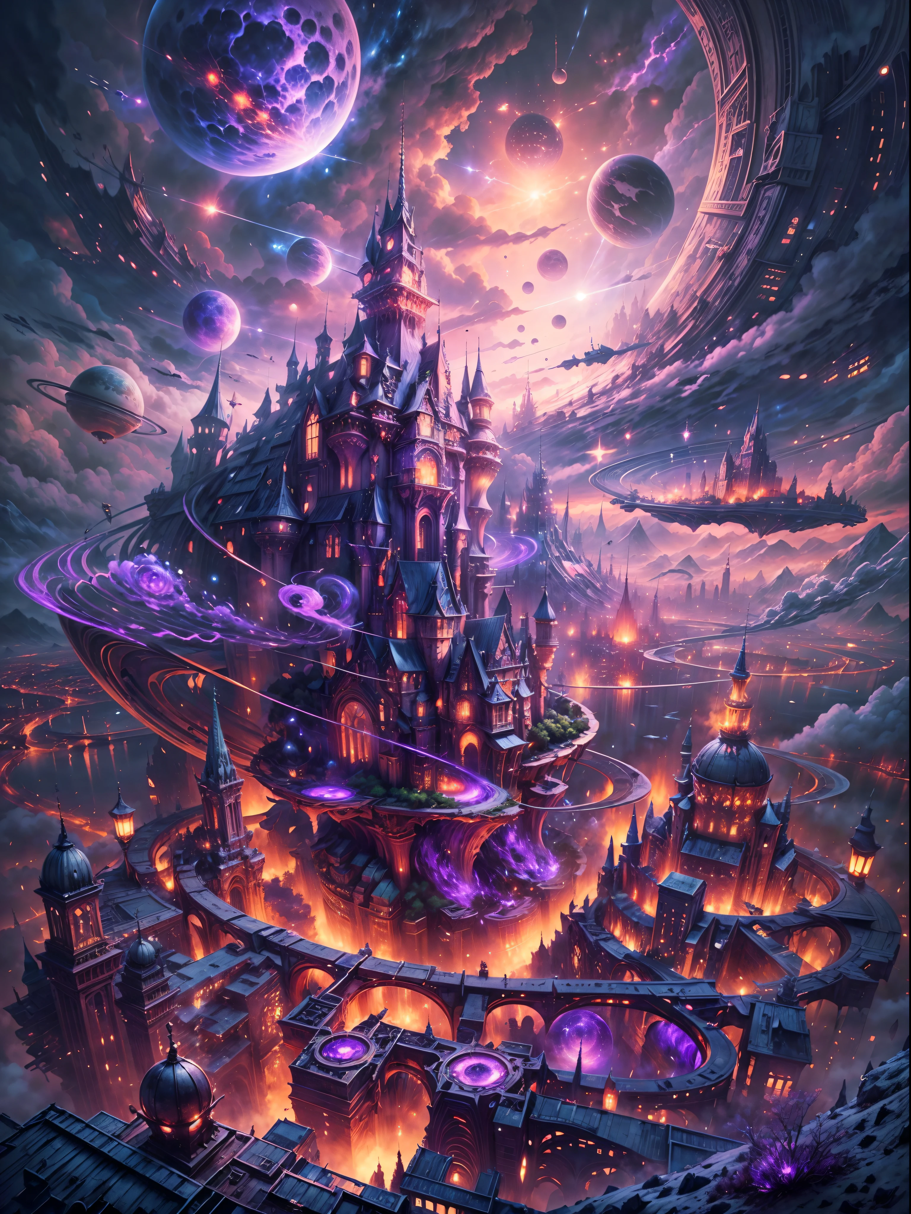 ((master piece)), best quality, (8k, best quality, masterpiece:1.2), ultra-detailed, illustration, big fantasy city, Science fiction, ethereal city, Floating city, many planets in the skies, clouds around, celestial architecture, purple energy scarring around,castle in the center, astral skies