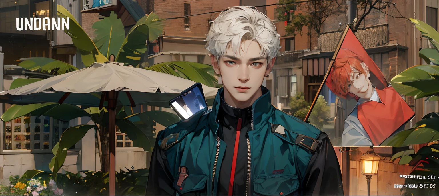 (absurdres, highres, ultra detailed, HDR), masterpiece, best quality, 1boy, handsome, short hair, finely eye and detailed face, (white t-shirt), (red jacket), dimple, night street, night city, midnight, selfie shot, light smile
