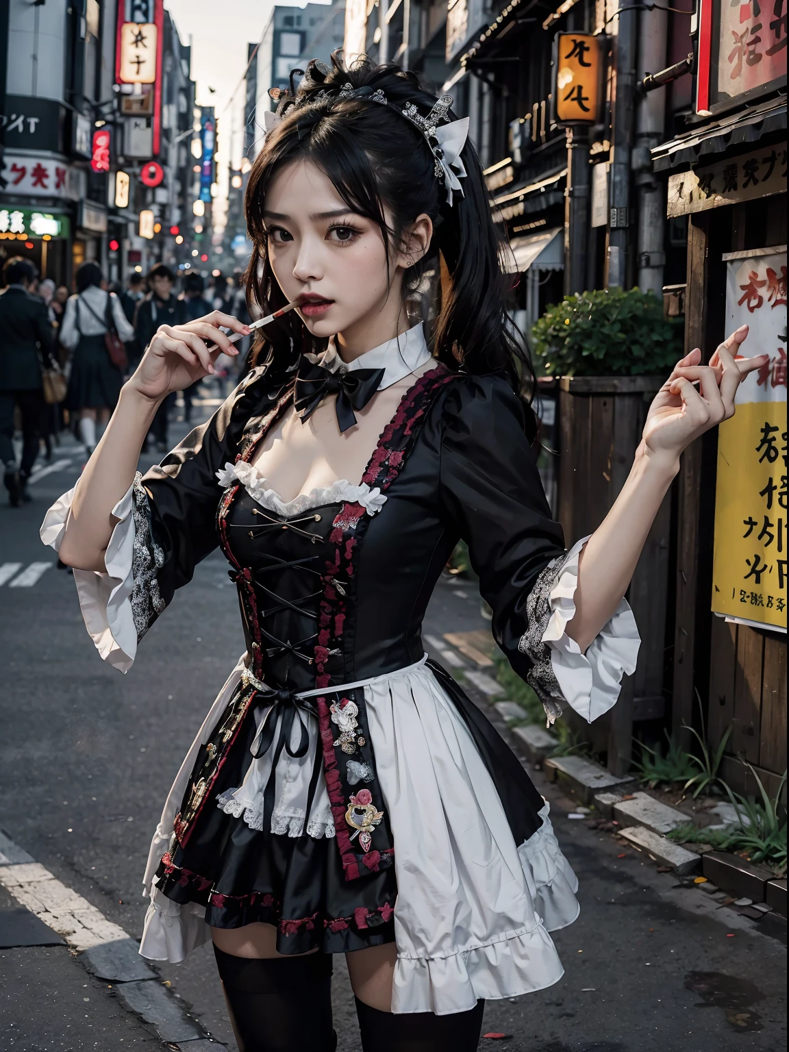 （in 8K. ＨＤＲ.Hyper-Realism、Masterpiece 1.4、Live Photo 1.4, Best quality1.4, Ultra Detailed 1.4、​masterpiece:1.4、Insanely detailed、Perfect Shading、Solo Photography、Sony、50mm Lens、full body photographed）、（Maids、Chewing a cigarette with your teeth、smoking tobacco、irritated expression、bloodstained clothes、Streets of Tokyo）、（Black Maid Outfit、Gothic ta、White Brim、8-hole boots）、（Twin-tailed、bow ribbon、small tits、muscular body、5 fingers on the hand）