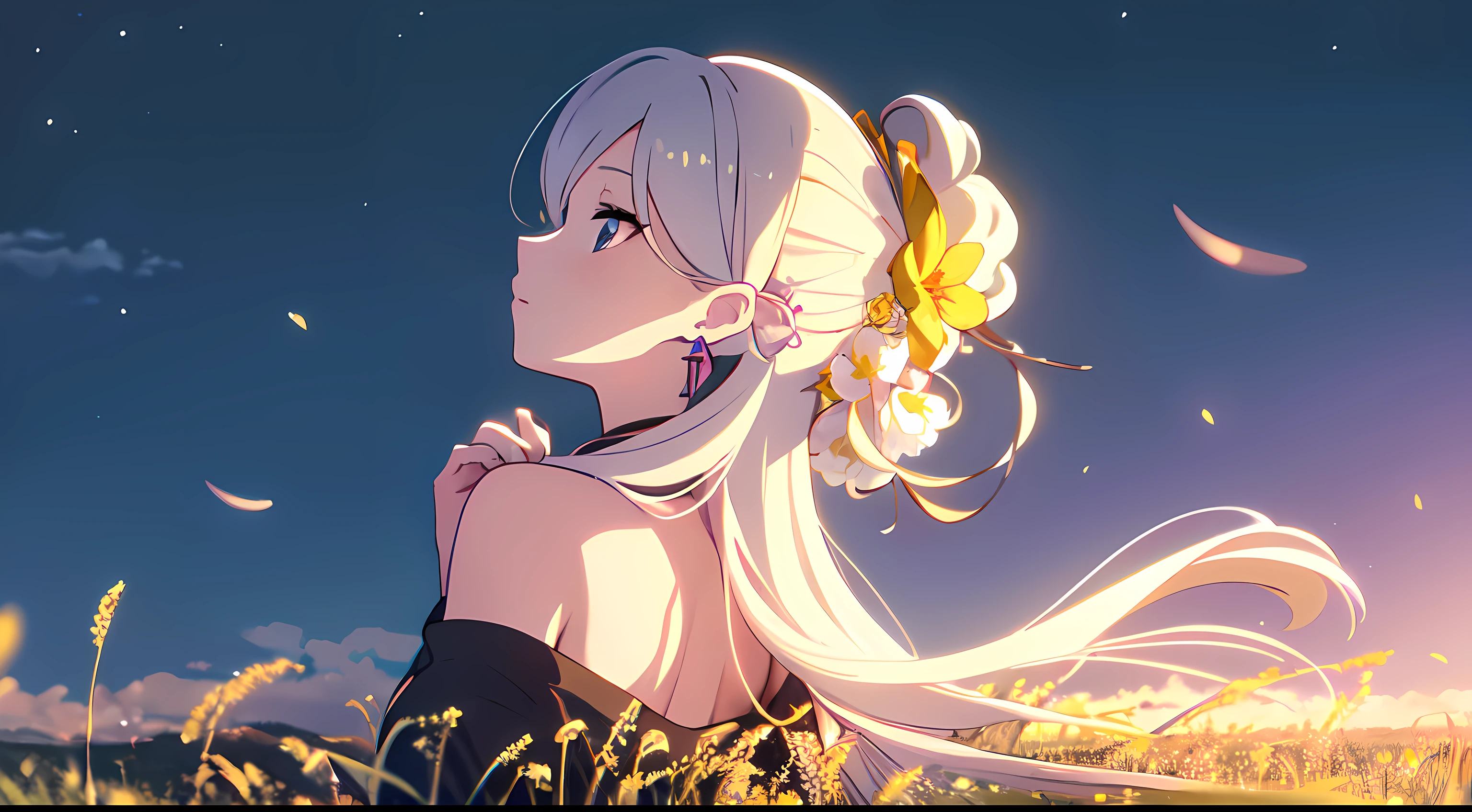 masterpiece, best quality, 1lady, solo, very long white hair, blowing hair, (flowers hair ornament), earrings, night, Vast sky, beautiful skyline, fireflies, fantasy, off shoulder blue dress, night scenery, close up, behind view, back view, touching wheat field,