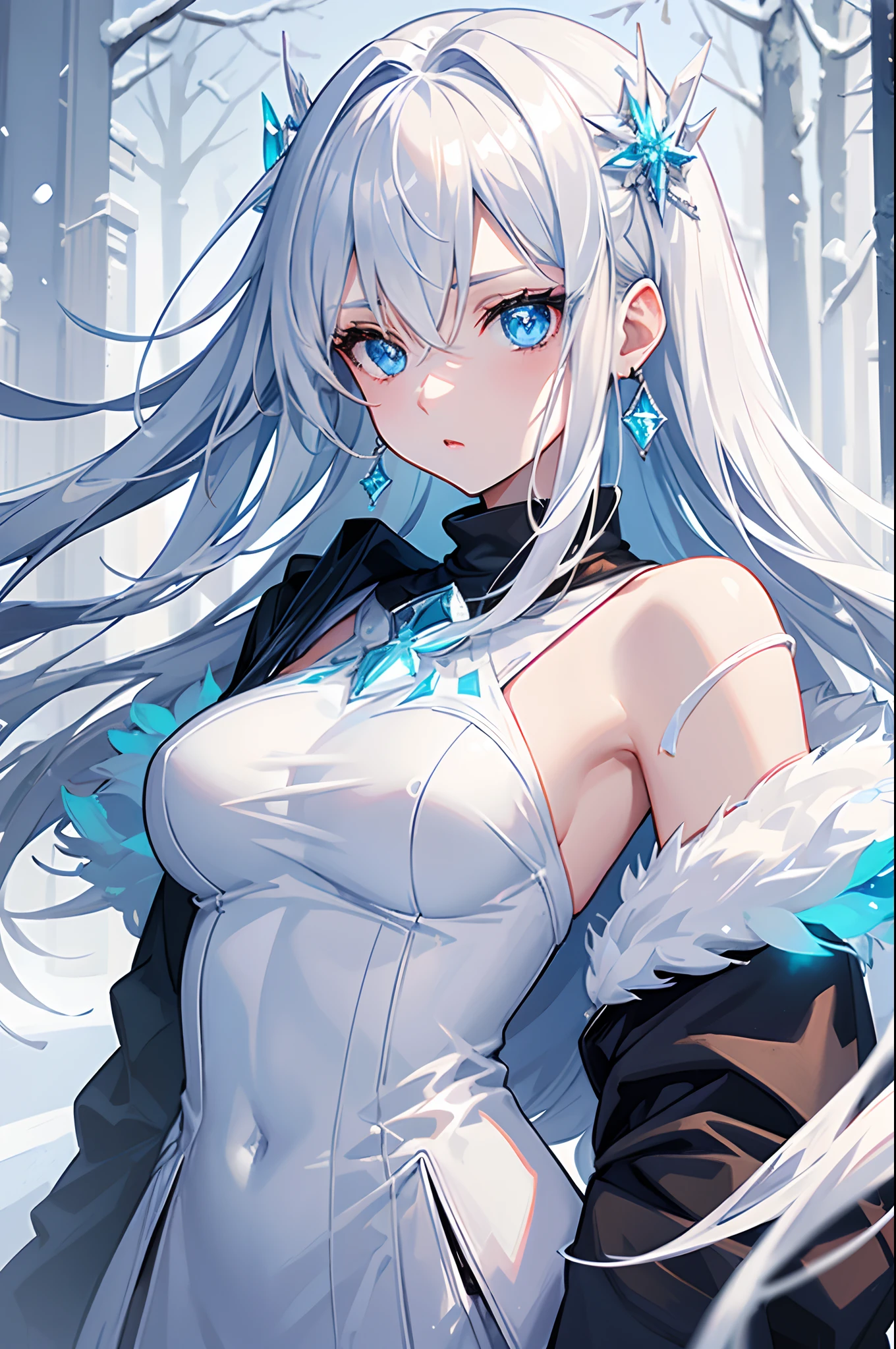 masterpiece, highlydetailed, ultra-detailed, cold, solo, (1girl), (pale skin), icyblue eyes, frosty white hair, cool Chara, flat face, young lady, lady chara, medium boobs, Arrogant, confident, cold face, goddess, cool kuudere girl, sharp eyes, (snowy background), snowflakes, (frozen flowers:0.5), (flat expression), (sparkling ice crystals), (modern casual clothes), (feminine clothes), (snow-covered ground), (icy breath)