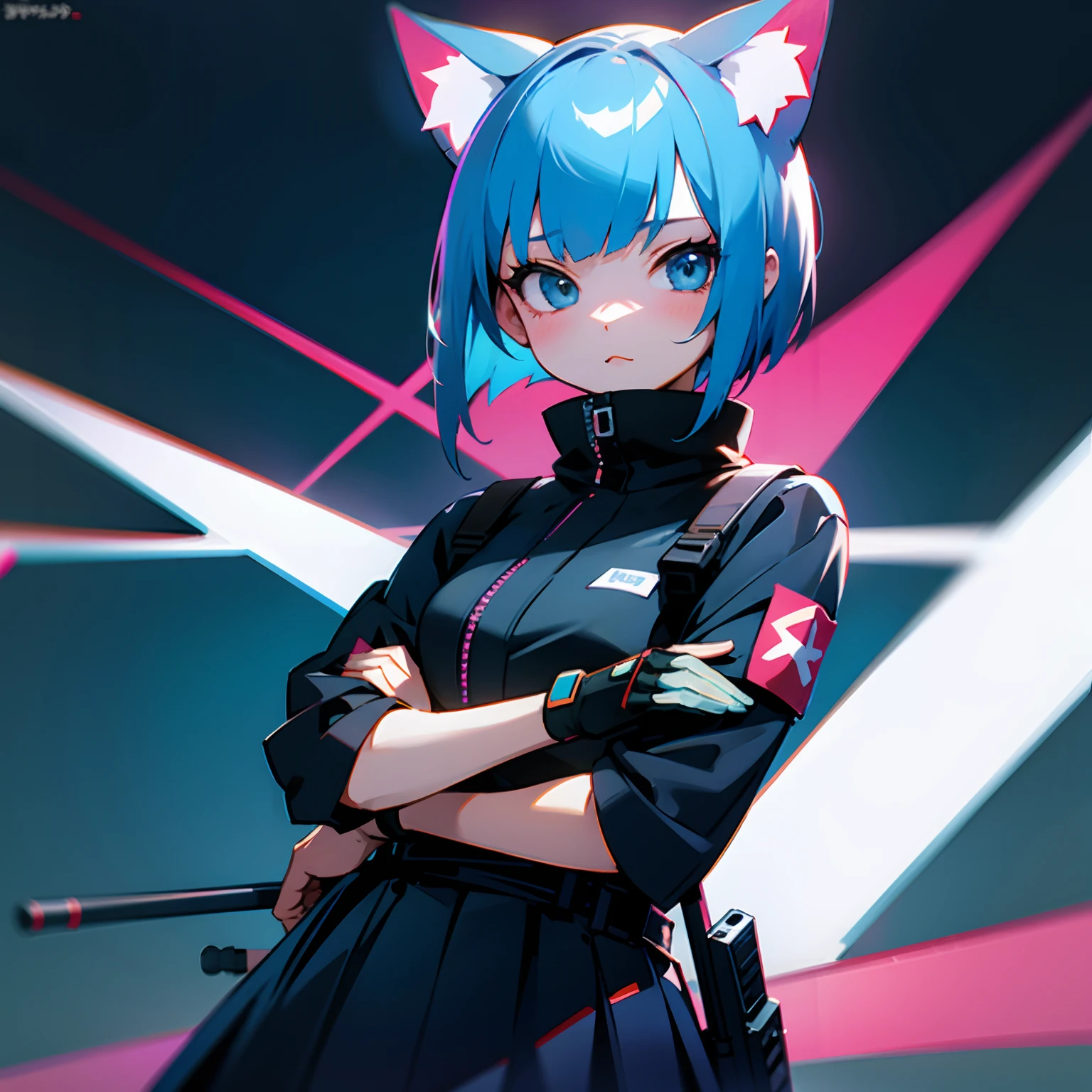 a short bob,girl with,kawaii,,校服,guns,cyberpunked,Nekomimi,lightblue hair