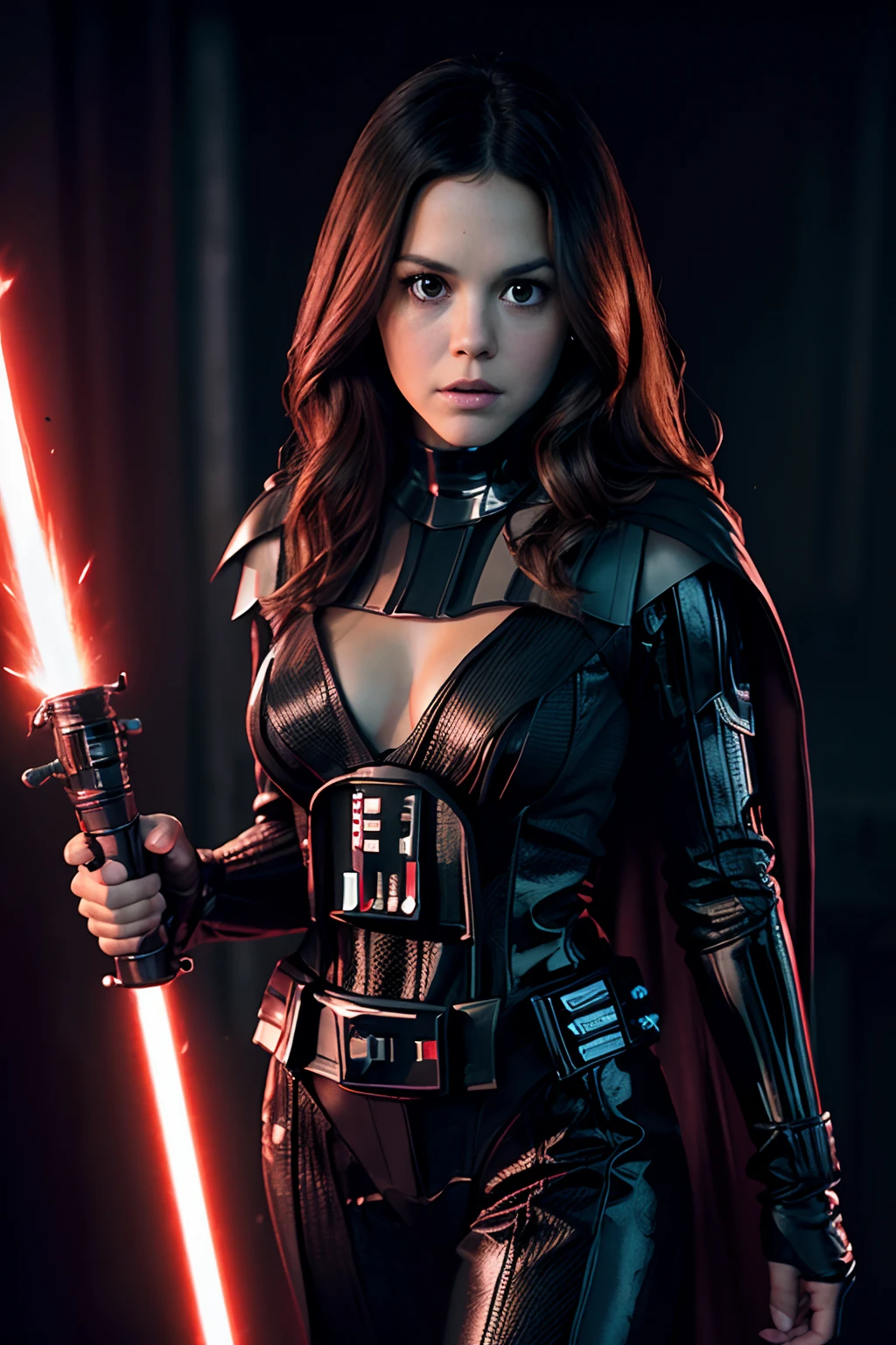 ((Rachel Bilson as Darth Vader in Starwars, movie scene, holding red color lightsaber, wearing darth vader armor, show face)), (dynamic pose), (medium natural breast, nippin, cleavage), (hyper realistic:1.4), (realistic:1.3), (best quality real texture skin), full body, (Cinematic Light), highly detailed skin, skin pores, (highly detailed face:1.1), (highly detailed eyes:1.1), realistic pupils, (perfect anatomy:1.1), (perfect proportions:1.1), (photography:1.1), (photorealistic:1.1), volumetric lighting, dynamic lighting, real shadows, (highres:1.1), sharp focus, daylight, (realistic, hyperrealistic:1.4), intricate, high detail, dramatic, subsurface scattering, big depth of field, vivid, polished, sharpened, ((full Sharp)), (extremely absurdres),8k hdr,