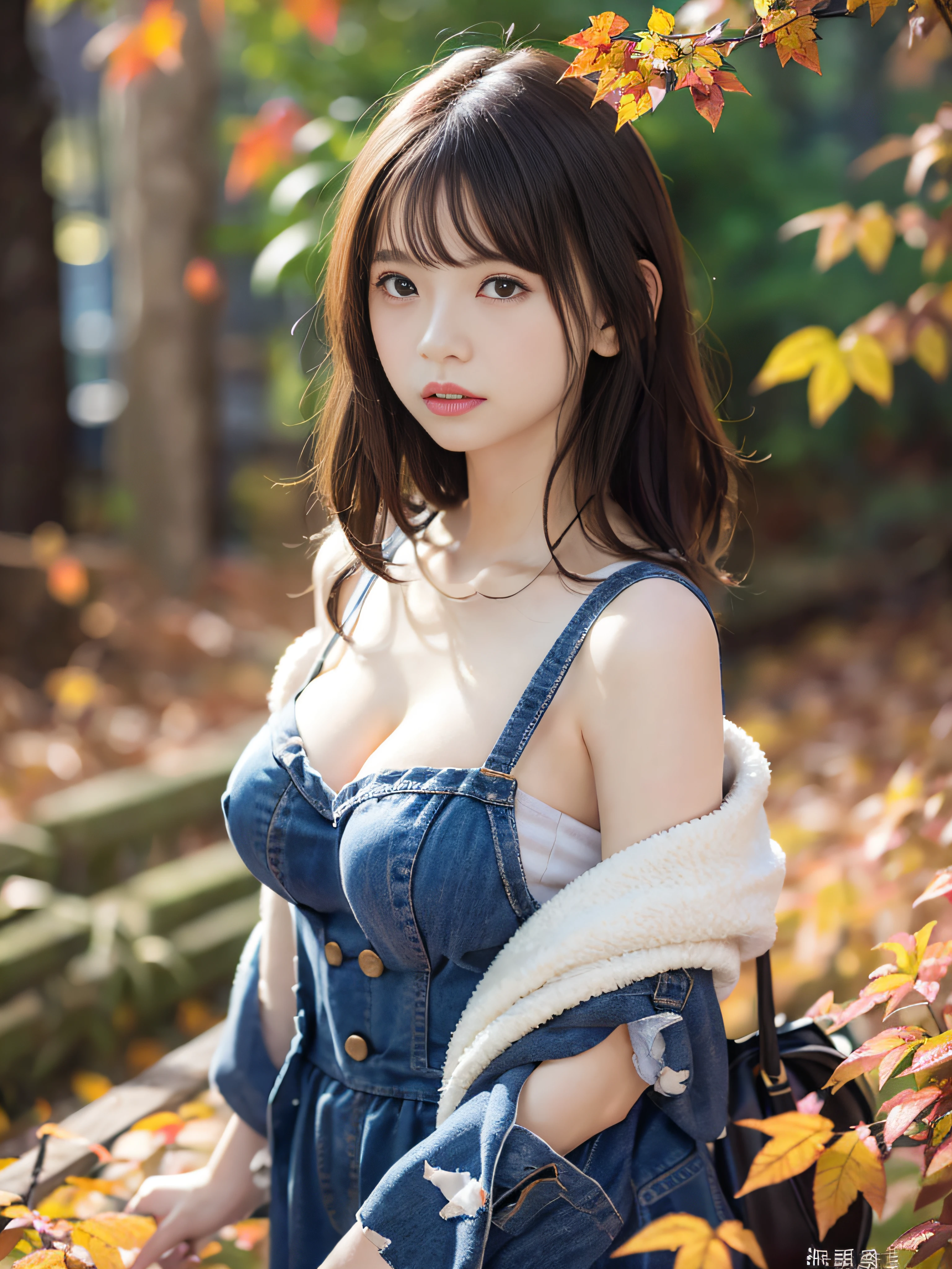 RAW image quality、8K分辨率、Ultra-high-definition CG images、Autumn leaves at night🍁、Moonlight、 beautiful woman、Detailed beautiful eyes、Beautiful beautiful straight side sweep short hair、Clear skin, (Autumn trend fashion for 2023)、Colossal tits、Susukihata、depth of fields、masutepiece、absurderes、24K Graphic Arts、Carefully drawn background、Composition with depth、sano、jumpy、