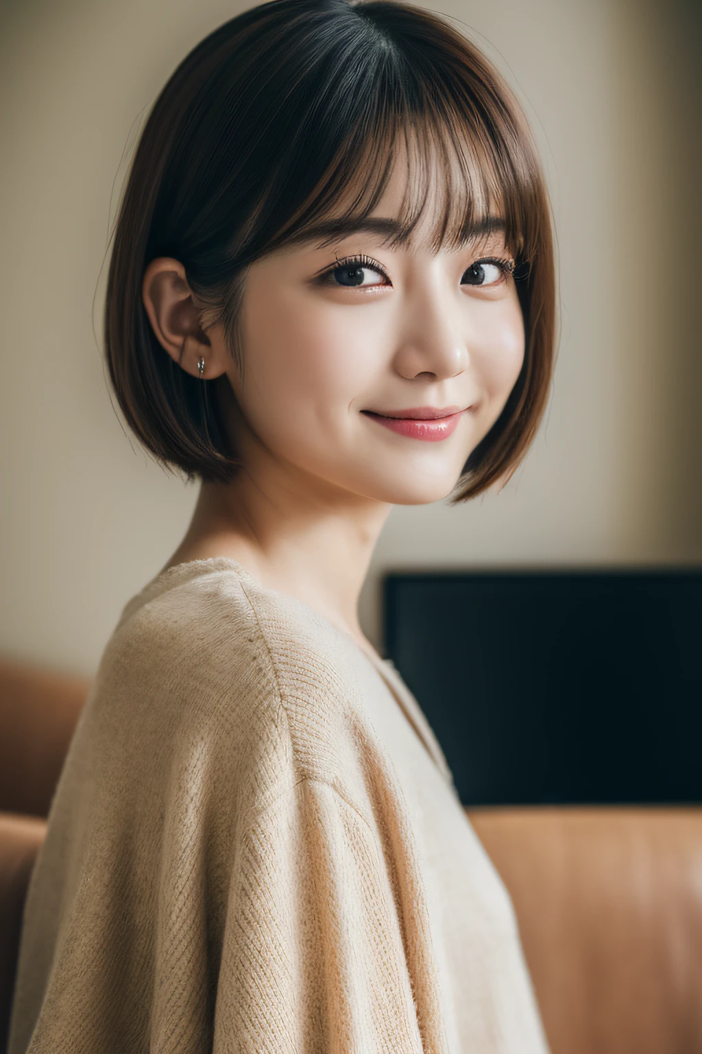 ((top-quality、8K、masterpiece:1.3))、girl with、(Casual Hairstyles、small tits:1.2)、Delicat eyes、二重まぶた、A smile、Autumn clothes、Clothes that hide the chest、white wall with windows、、(top-quality,masterpiece:1.3,超A high resolution,),(ultra-detailliert,Caustics),(Photorealsitic:1.4,RAW shooting,)Ultra-realistic capture,A highly detailed,high-definition16Kfor human skin、 Skin texture is natural、The skin looks healthy with an even tone、 Use natural light and color,One Woman,japanes,,kawaii,A dark-haired,Middle hair,、Wide range of lighting、Natural Shading、short-cut、bob