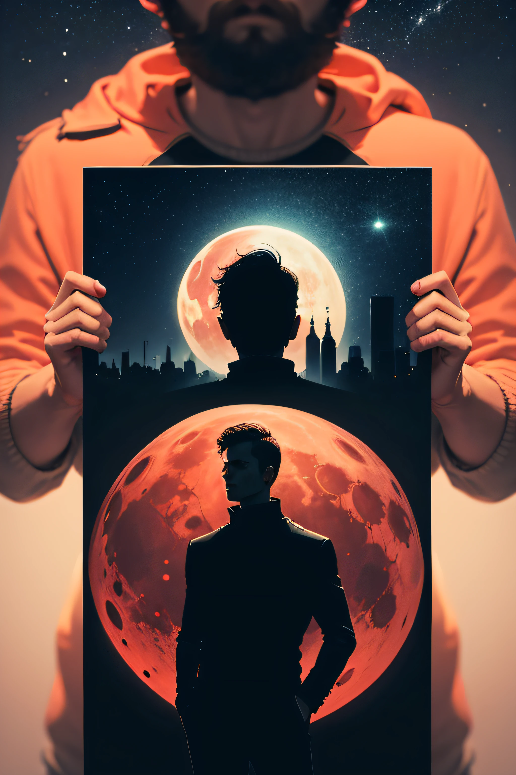poster de homem parado no meio da rua, In the night sky there is a huge red moon, aesthetic desain, estilo lofi