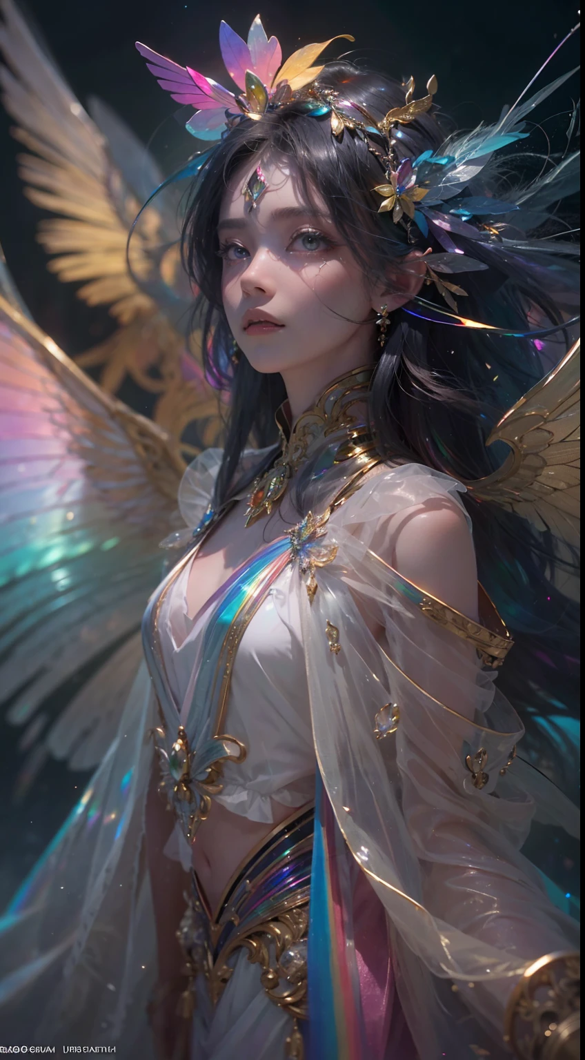 (((masterpiece))), (((best quality))), ((ultra-detailed)),(highly detailed CG illustration), ((an extremely delicate and beautiful)),cinematic light, Create a stunning fantasy artwork that mimics the style of currently trending masters of the genre. The art piece should contain elements of both mythic fantasy and fairytale fantasy with dreamy rainbow accents. ((Utilize the rainbow as the main color scheme.)) The character in the artwork is a delicate but strong petite figure with an aura of mystery and magic and (beautiful translucent rainbow wings). Pay close attention to intricate facial features, such as mesmerizing eyes with vibrant colors and bold shading. The character's clothing should be designed with gossamer feathers, silk, stunning embroidery, and subtle iridescent details. Incorporate (((translucent rainbows))), dreamy colors, dynamic lighting, and detailed background elements to create a sense of awe and immersion. Include colorful flying magical birds and jewel-toned rainbow butterflies radiating a magical aura. Consider the latest trends in fantasy art, such as incorporating unique lighting effects, exploring dynamic and compelling composition techniques, and experimenting with unique color palettes. Take inspiration from the top artists on ArtStation and Midjourney. Camera: Choose an angle that highlights the character's beauty and enhances the magical majesty of the artwork. Lighting: Utilize atmospheric lighting techniques to create depth and mood. Resolution: Aim for a high-resolution artwork to showcase intricate details and clarity. Art Inspirations: Seek inspiration from the trending artists on ArtStation, exploring different styles, genres, and themes.
