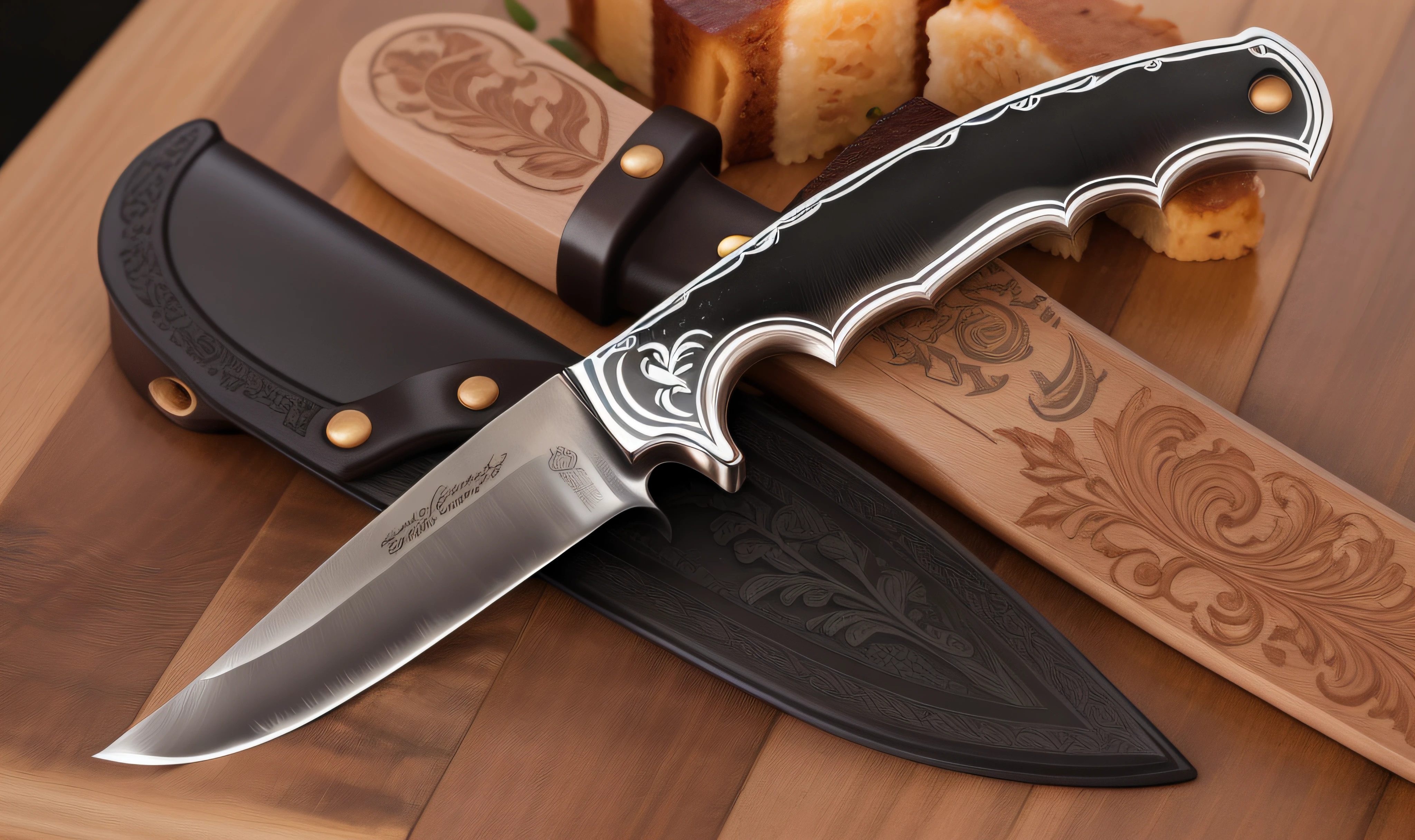 Advertising poster style a knife sitting on top of a wooden cutting board next to a knife rest on top of a piece of wood that has carvings and scrolls on the sides of the edge of the cutting board, and the edge of the knife, and edge of the edge of the knife, and edge of the edge of the knife, with a, desert background blurrred, knives as product showcase. Professional, modern, product-focused, commercial, eye-catching, highly detailed