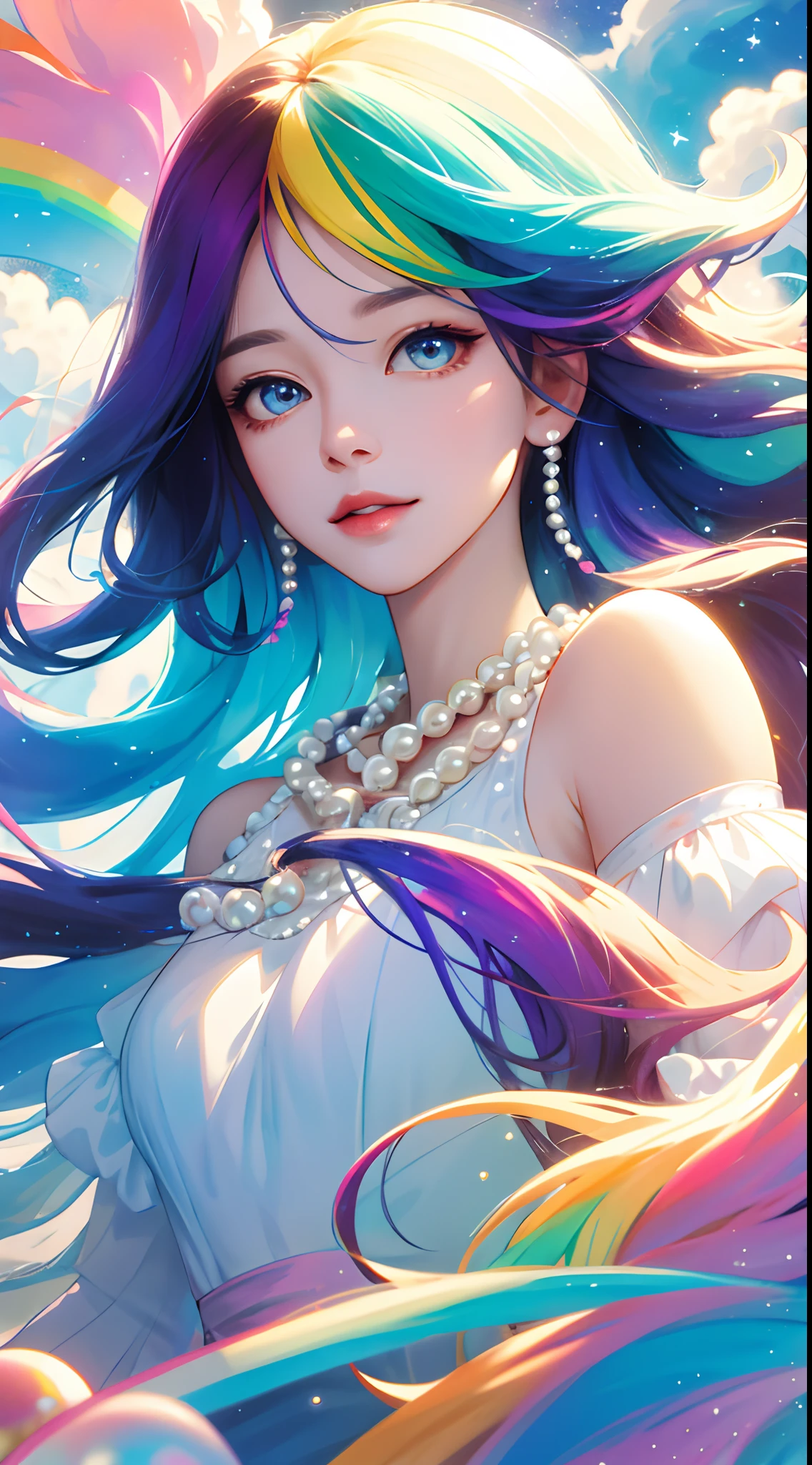 high high quality，tmasterpiece，Delicate facial features，Delicate hair，Delicate eyes，（（cute female child）），（Colorful），Flowing colorful auspicious clouds，Colorful hair，(There are highlights on the hair)，((Hair with small pearls，Sparkling and shining))，Colorful，coloured with lots of colour，splash of color，Colorful rainbow，Beautiful CG，Delicate and beautiful facial features，Gorgeous highlights，crystal-clear，((Shining brilliance))，Impeccable，dream magical，Colorful floating clouds，Colored lips，Sequin trim at the end of the eyes（Delicate facial portrayal）（Fine hair depiction）（highest  quality）（Master masterpieces）（High degree of completion）（a sense of atmosphere）8k wallpaper，tmasterpiece，Best quality at best，ultra - detailed（half-body portrait）