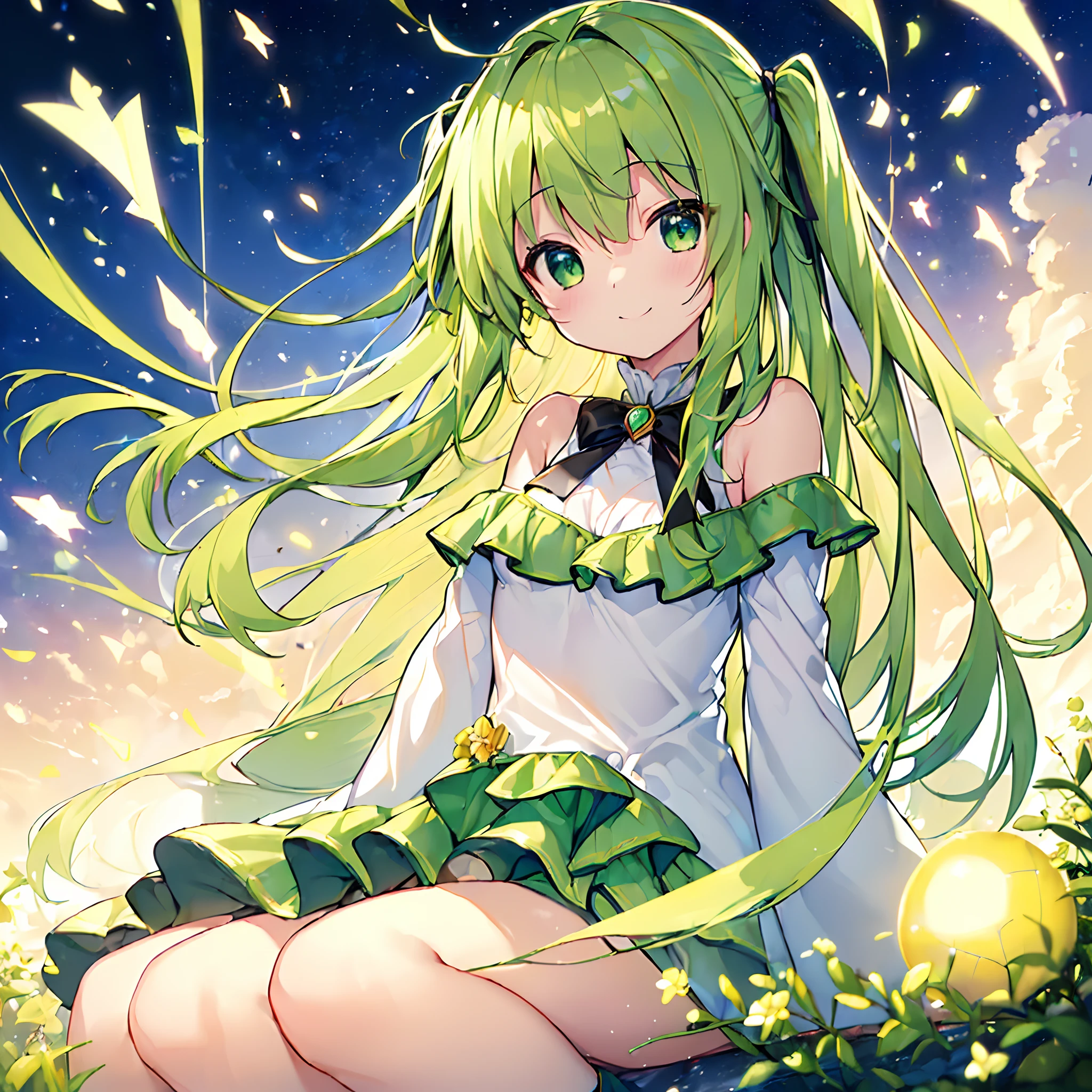 (top-quality:1.5), (masterpiece:1.5), (hight resolution:2.0)、Beautiful girl alone、cute little、Lori、Small breasts、sitting on、(A smile)、(green colored eyes)、(Eyes in detail)、Luminous eyes、(green colored hair)、((Twin-tailed))、(Semi-long hair)、Metal hair clipper、(White Dress)、Clothes with black patterns、Green ruffles、Long sleeves、(Black boots)、Golden petals shimmering in the wind、darkness、NOWAI、naturey、grass field、One arm is extended forward、FULL BODYSHOT、(Luminous white sphere)