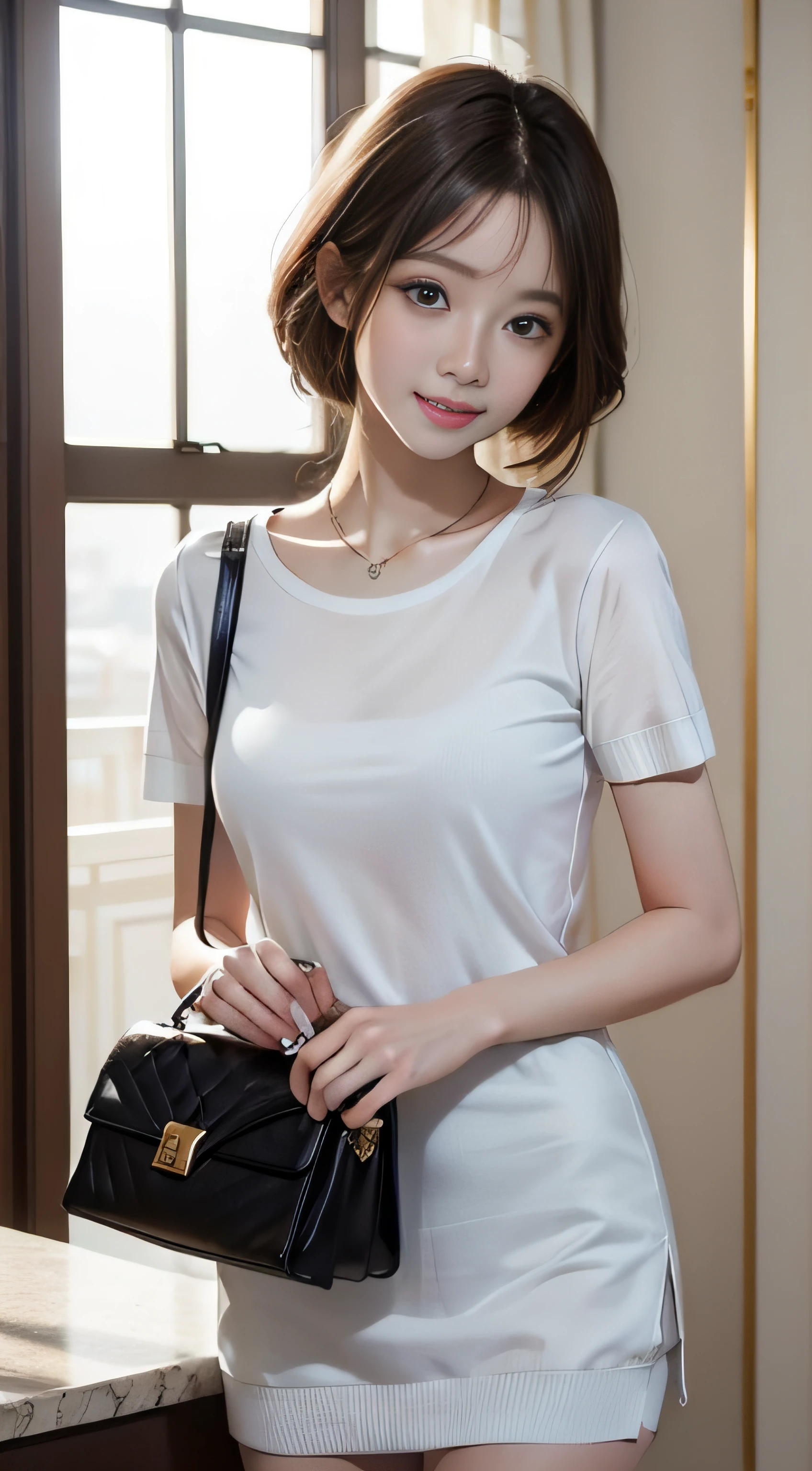 ​masterpiece、Top image quality:1.2、((beautiful young woman with))、Transparent skin:1.2、{A slight smil}、(kawaii)、Short sleeve knit、luxury hotel、depth of fields