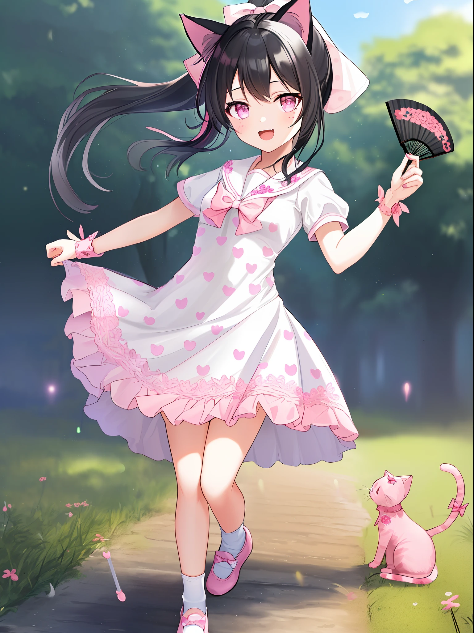 1 girl, solo, masterpiece, highres, ultra details, CG quality, cute  girl, underaged, full body, (black hair:1.5), high quality eyes, high quality hands, (ponytail:1.3), (hair bow:1.3), (pink cat ears:1.4), (white dress with pink dots:1.8), (one-piece dress:1.5), (short skirt:1.3), short sleeves, (square sailor collar:1.3), lace bracelets, polka dots panty, bare legs, fold ankle socks, (pink embroidered shoes:1.3), holding a fold fan, standing, delighted, spreading arms, spinning on tiptoe, forest, high quality background, depth of field