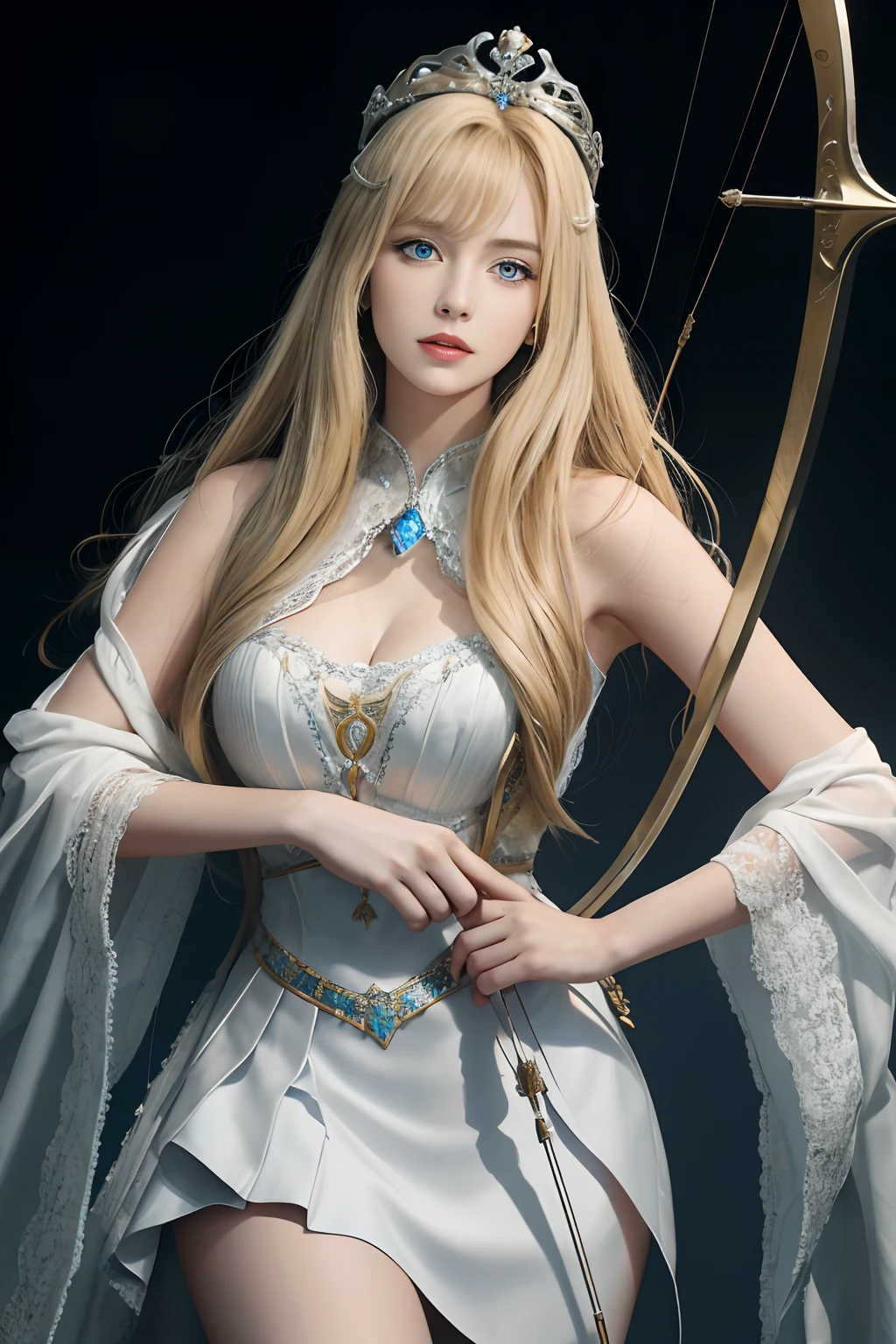 8K,Need,tmasterpiece,high detal,Semi-realistic,1 girl,younger female,19years old,Long blonde hair covered by bangs on the right eye,blue right-eyed,Jewelry Crown,Court-style white gold skirt,slimfigure,archery,Shot in the abdomen by an arrow,bleed,Draw a bow and shoot arrows