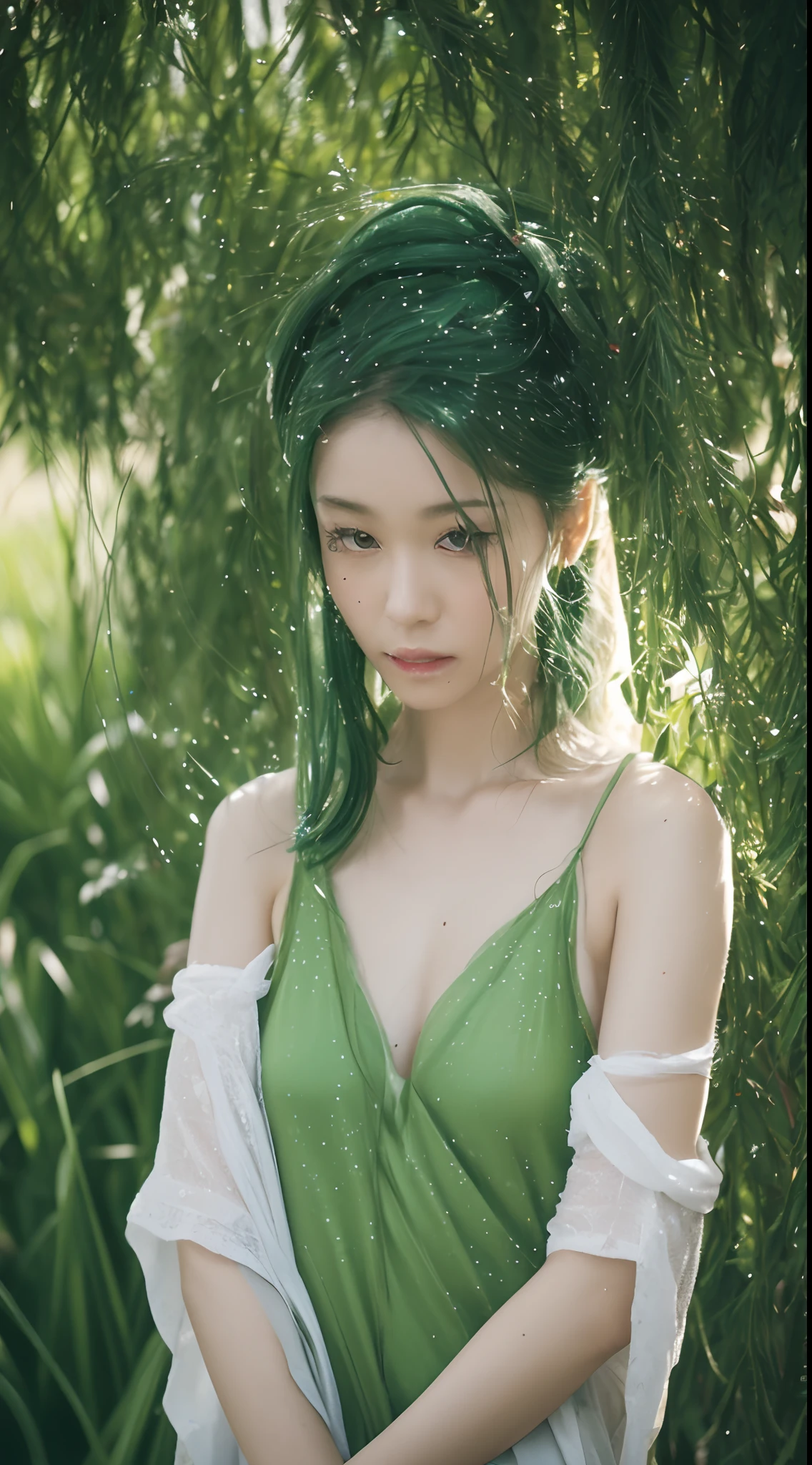 (Best quality,4K,8K,A high resolution,Masterpiece:1.2), Ultra-detailed, (Realistic,Photorealistic,photo-realistic:1.37), Blurred, Green-haired lady, Vertical yellow iris, deer antlers, Swimwear, Soft lighting, Playful and elegant curves, Sharp focus, Extremely detailed, Ethereal, Traditional Chinese landscape painting, Vibrant colors, Gentle lighting, Beads of sweat on fair skin, rainy scene