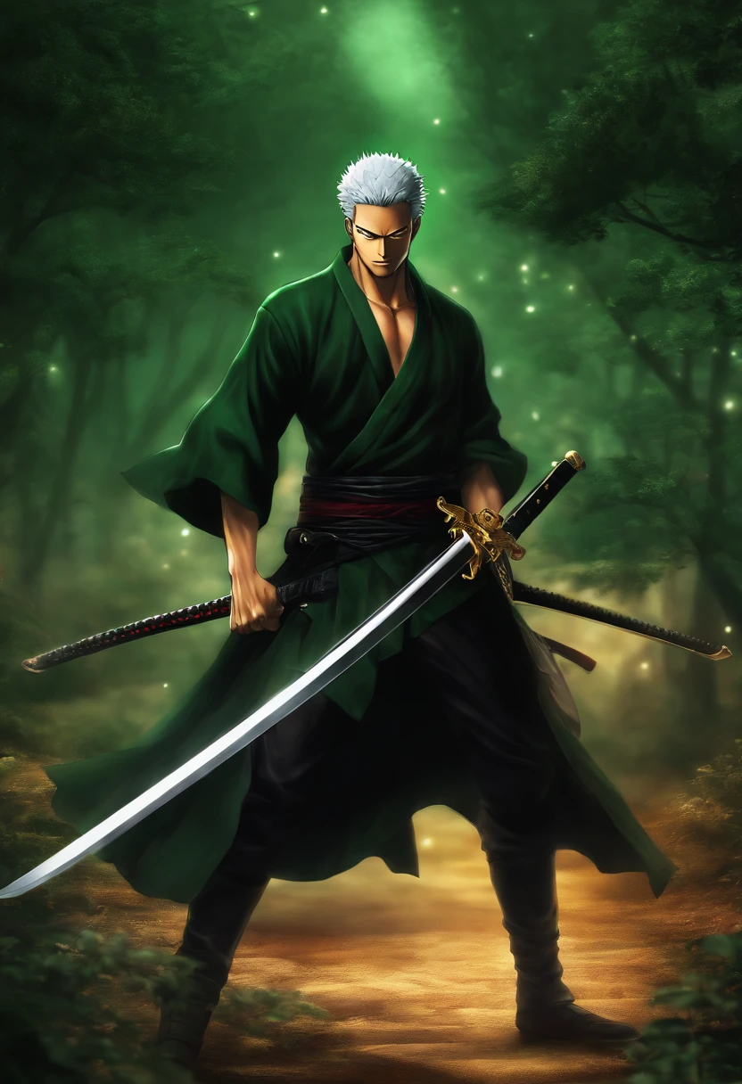 Roronoa zoro,  in dark clothes, Composants de vol, with three shining swords, de front, background dark, Realstic,vert