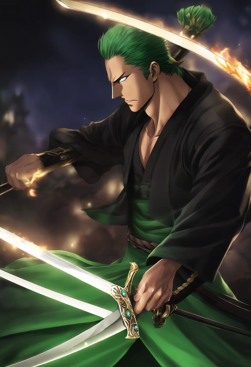 Roronoa zoro, in dark clothes, Composants de vol, with three shining swords, de front, background dark, Realstic,vert