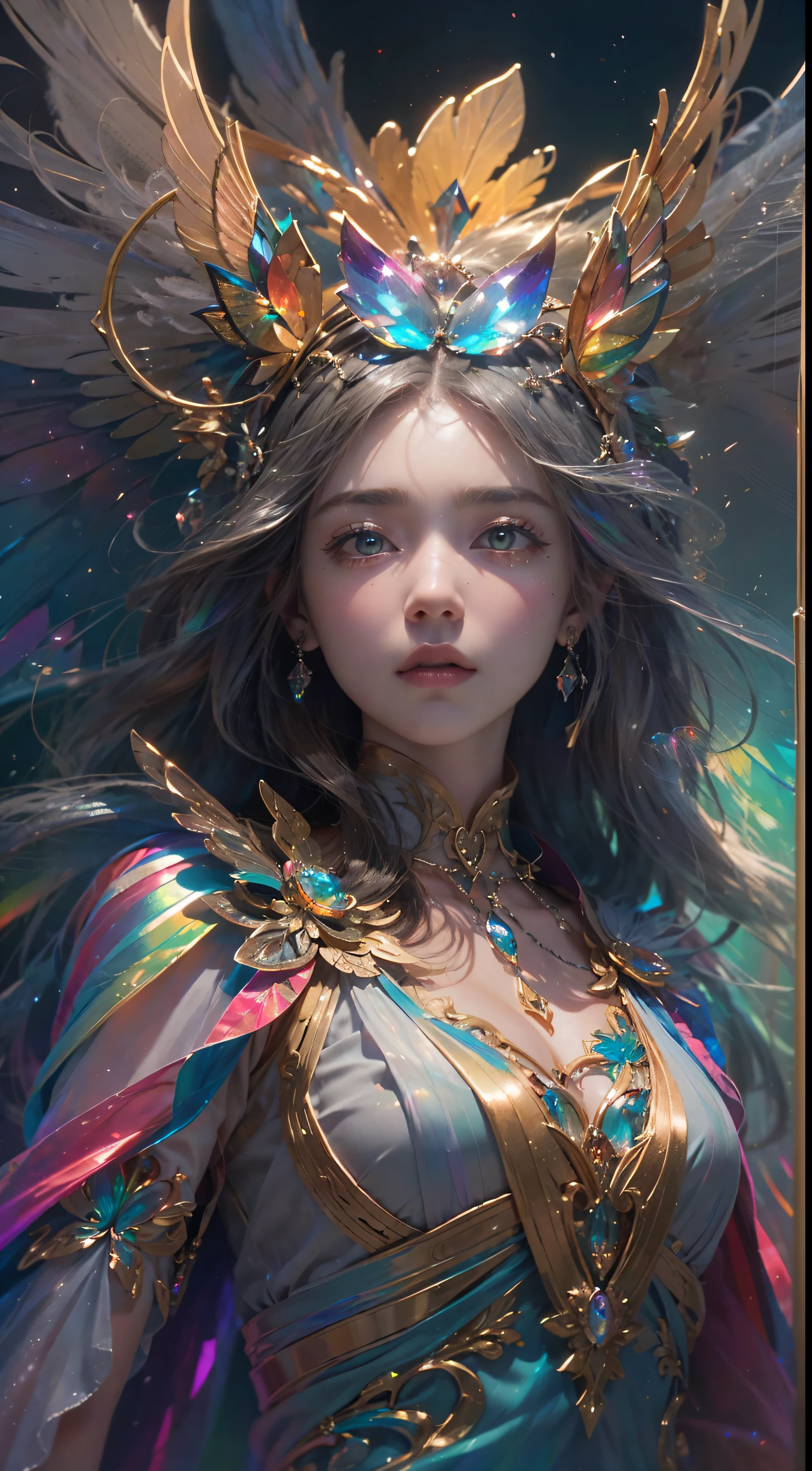 (((masterpiece))), (((best quality))), ((ultra-detailed)),(highly detailed CG illustration), ((an extremely delicate and beautiful)),cinematic light, Create a stunning fantasy artwork that mimics the style of currently trending masters of the genre. The art piece should contain elements of both mythic fantasy and fairytale fantasy with dreamy rainbow accents. ((Utilize the rainbow as the main color scheme.)) The character in the artwork is a delicate but strong petite figure with an aura of mystery and magic and (beautiful translucent rainbow wings). Pay close attention to intricate facial features, such as mesmerizing eyes with vibrant colors and bold shading. The character's clothing should be designed with gossamer feathers, silk, stunning embroidery, and subtle iridescent details. Incorporate (((translucent rainbows))), dreamy colors, dynamic lighting, and detailed background elements to create a sense of awe and immersion. Include colorful flying magical birds and jewel-toned rainbow butterflies radiating a magical aura. Consider the latest trends in fantasy art, such as incorporating unique lighting effects, exploring dynamic and compelling composition techniques, and experimenting with unique color palettes. Take inspiration from the top artists on ArtStation and Midjourney. Camera: Choose an angle that highlights the character's beauty and enhances the magical majesty of the artwork. Lighting: Utilize atmospheric lighting techniques to create depth and mood. Resolution: Aim for a high-resolution artwork to showcase intricate details and clarity. Art Inspirations: Seek inspiration from the trending artists on ArtStation, exploring different styles, genres, and themes.