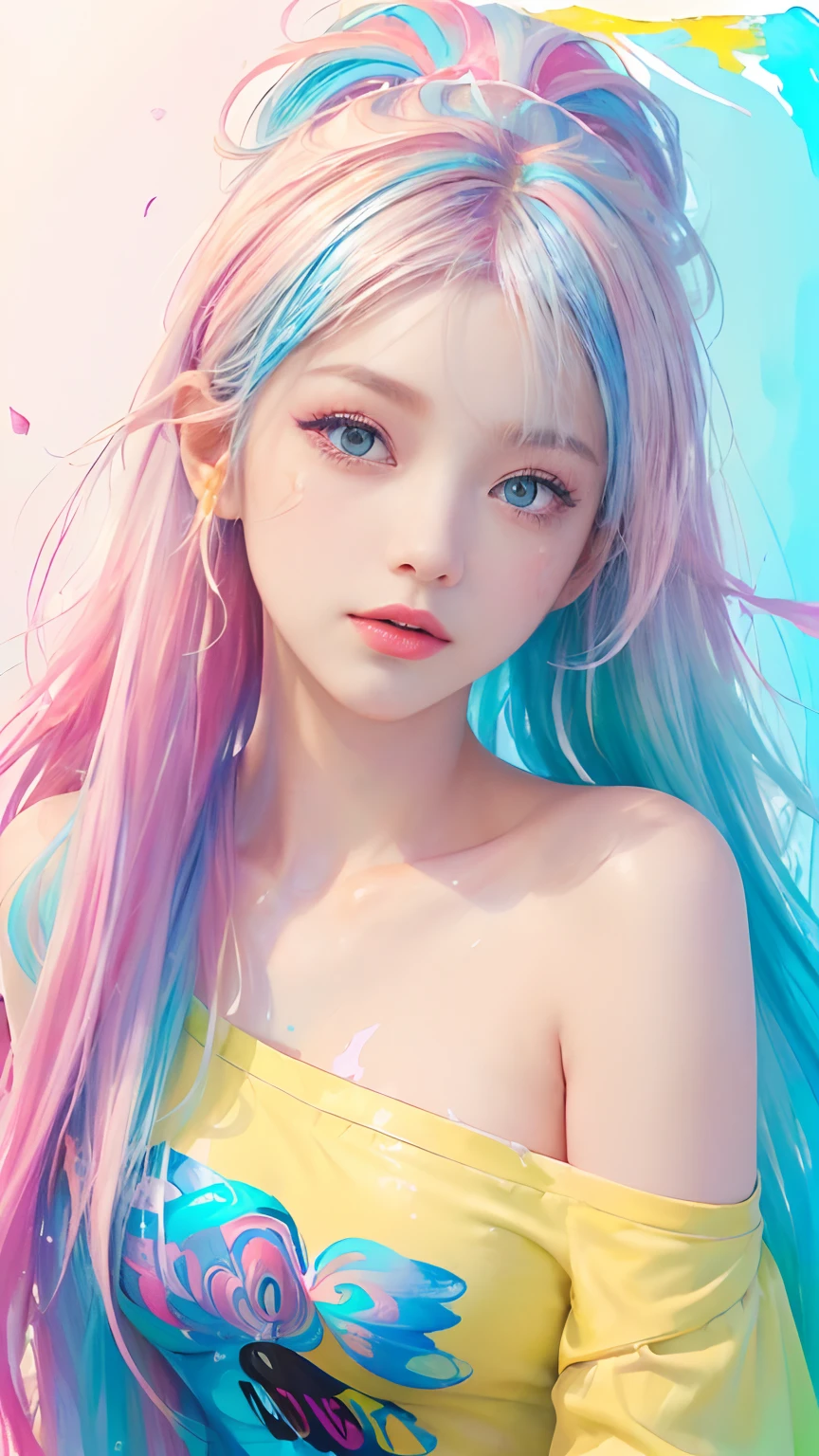 （Pink Fashion T-shirt：1.9），(Colorful hair: 1.8), (all the colours of the rainbow: 1.8),(((((vertical painting：1.6))), （painting：1.6），front, comics, illustrations, paintings, large eyes, crystal clear eyes,（ rainbow color gradient high ponytail：1.7）, exquisite makeup, closed mouth,(Small Fresh: 1.5),(Wipe Chest: 1.6) ，long eyelashes, white off shoulder T-shirt,  White Shoulder Shirt，looking at the audience, large watery eyes, (rainbow colored hair：1.6), color splash, （solo：1.8）, color splash, color explosion, thick paint style, messy lines, ((shining))，(colorful), (colorful), (colorful), colorful, Thick Paint Style, (Splash) (Color Splash), Vertical Painting, Upper Body, Paint Splash, Acrylic Pigment, Gradient, Paint, Highest Image Quality, Highest Quality, Masterpiece, Solo, Depth of Field, Face Paint,  colorful clothes, (Elegant: 1.2), gorgeous,long hair, wind, (Elegant: 1.3), (Petals: 1.4)，(((masterpiece))),(((best quality))),((ultra-detailed)),(illustration),(dynamic angle),((floating)),(paint),((disheveled hair)),(solo),(1girl) , (((detailed anima face))),((beautiful detailed face)),collar,bare shoulders,white hair, ((colorful hair)),((streaked hair)),beautiful detailed eyes,(Gradient color eyes),(((colorful eyes))),(((colorful background))),(((high saturation))),(((surrounded by colorful splashes))),