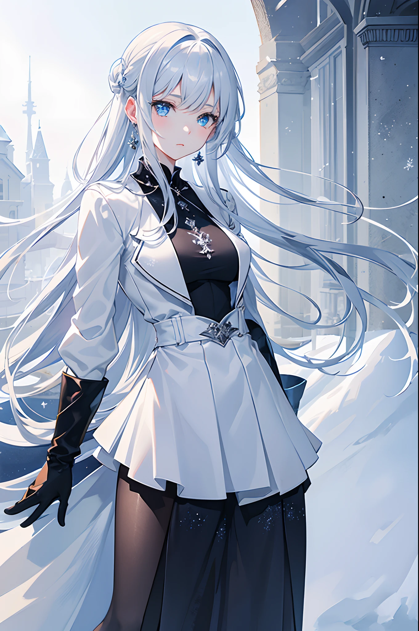 masterpiece, highlydetailed, ultra-detailed, cold, solo, (1girl), (pale skin), icyblue eyes, frosty white hair, cool Chara, flat face, young lady, lady chara, medium boobs, Arrogant, confident, cold face, goddess, cool kuudere girl, sharp eyes, (snowy background), snowflakes, (frozen flowers:0.5), (calm expression), (sparkling ice crystals), (modern casual clothes), (feminine clothes), (snow-covered ground), (icy breath), (smile:0.5)