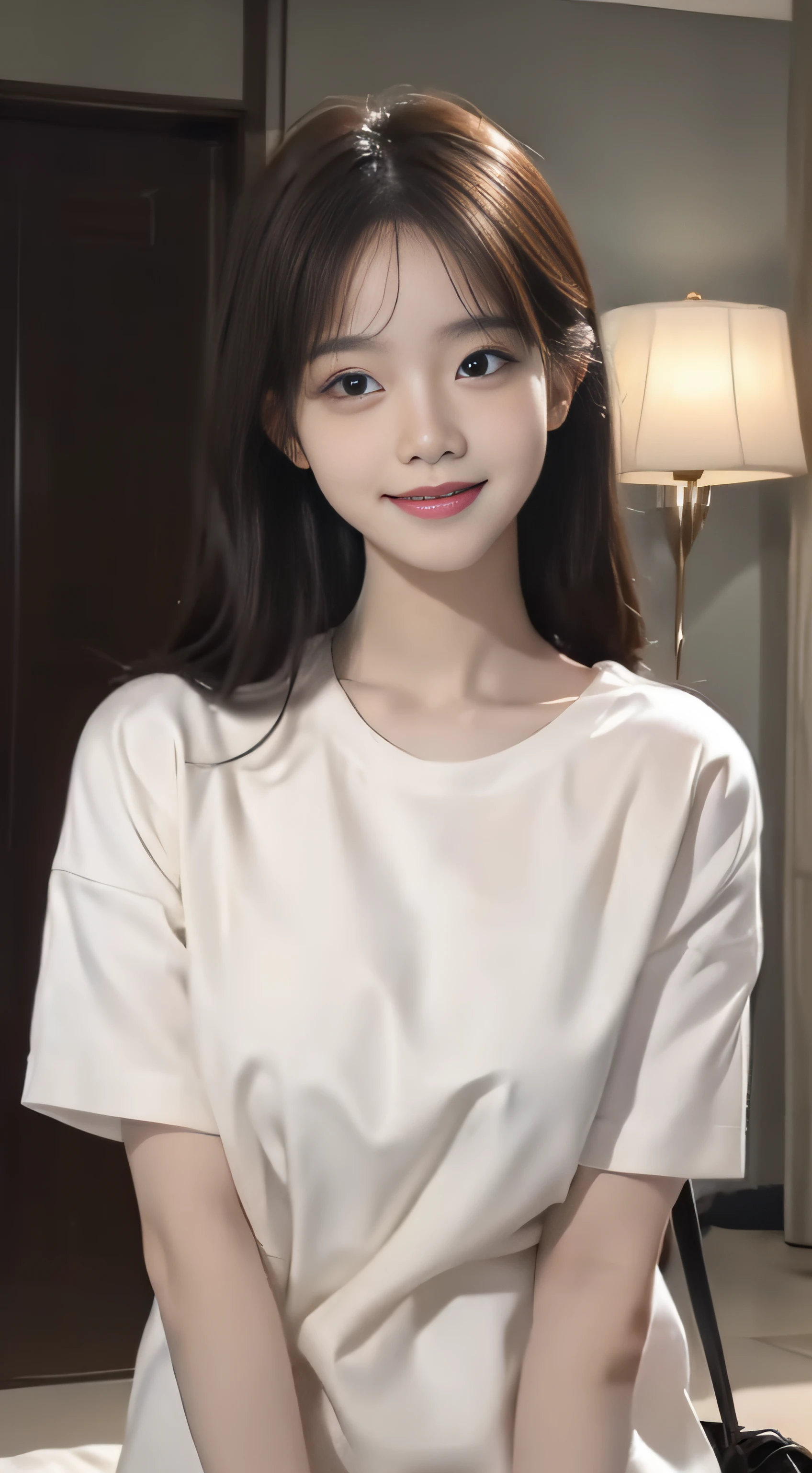 masterpiece、Top image quality:1.2、((beautiful young woman with))、Transparent skin:1.2、{A slight smil}、(kawaii)、Short sleeve knit、luxury hotel、depth of fields