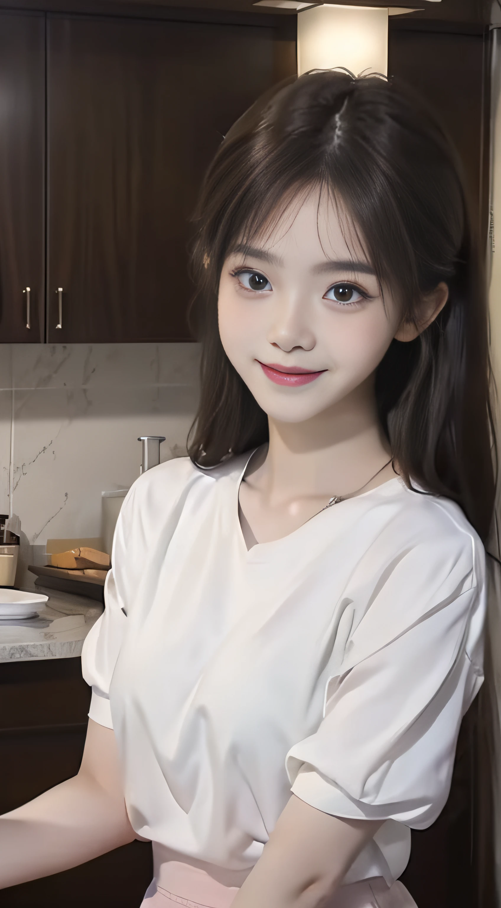 masterpiece、Top image quality:1.2、((beautiful young woman with))、Transparent skin:1.2、{A slight smil}、(kawaii)、Short sleeve knit、luxury hotel、depth of fields