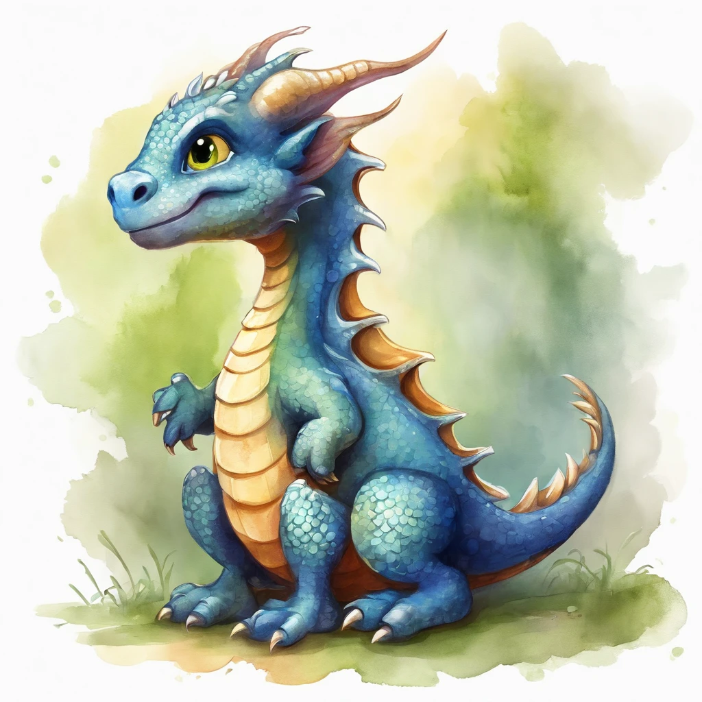 (cute little European Dragon:1.5),character design, sticker design, (cartoon:1.3),(chibi:1.2),(pixar style:1.2),(cute expression:1.1),(big eyes:1.1),(watercolor:1.1),(separated from white background:1.1)