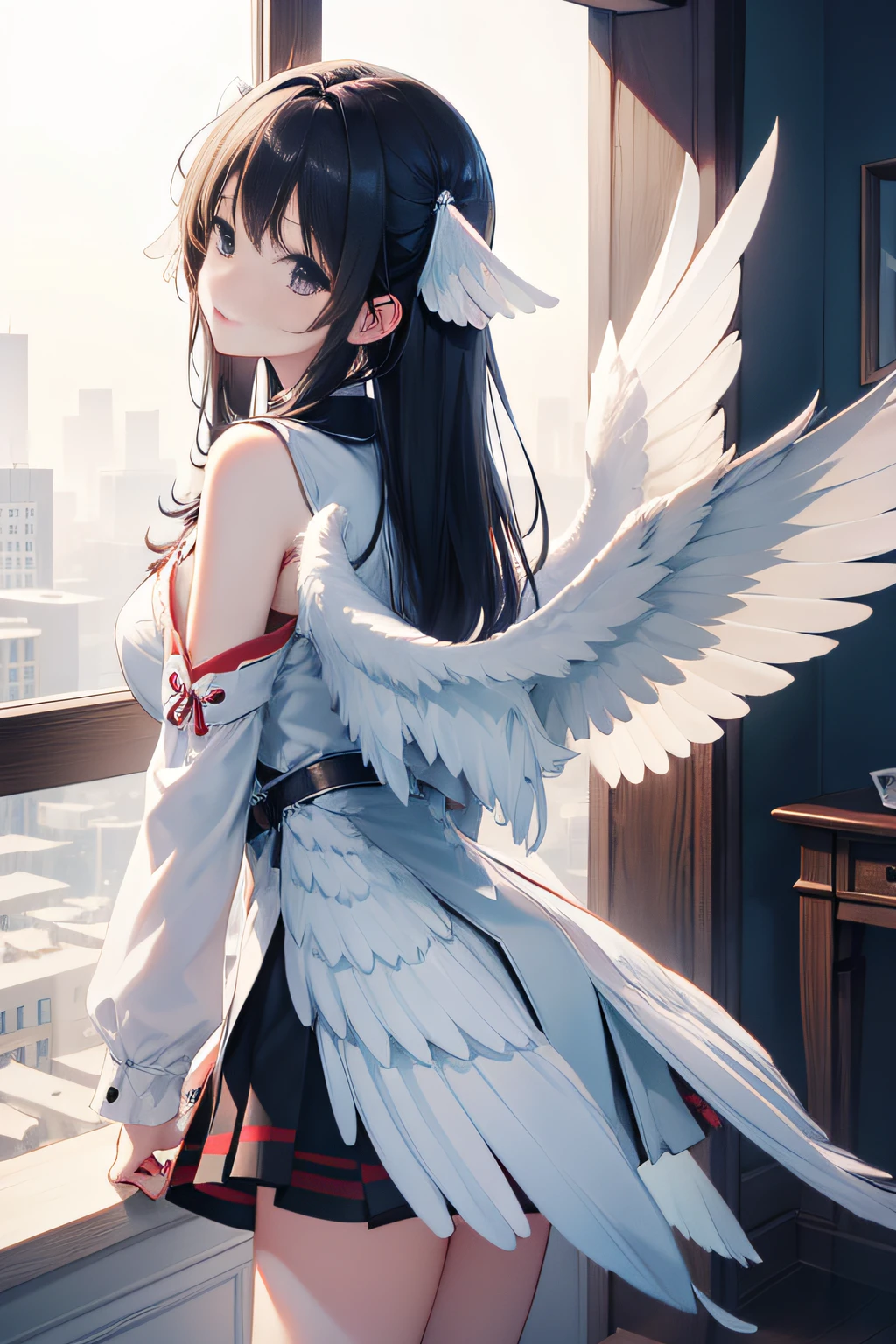 ((sfw)),(masterpiece, best quality),((high resolution 4k)), 1lady, solo, (white Scales, body cover with scales), halo, wings,fallen angel, black hair, loose waves, red eyes,wet white sheer t shirt,short sleeve,wet white skirt,white stockings,white thigh highs,standing