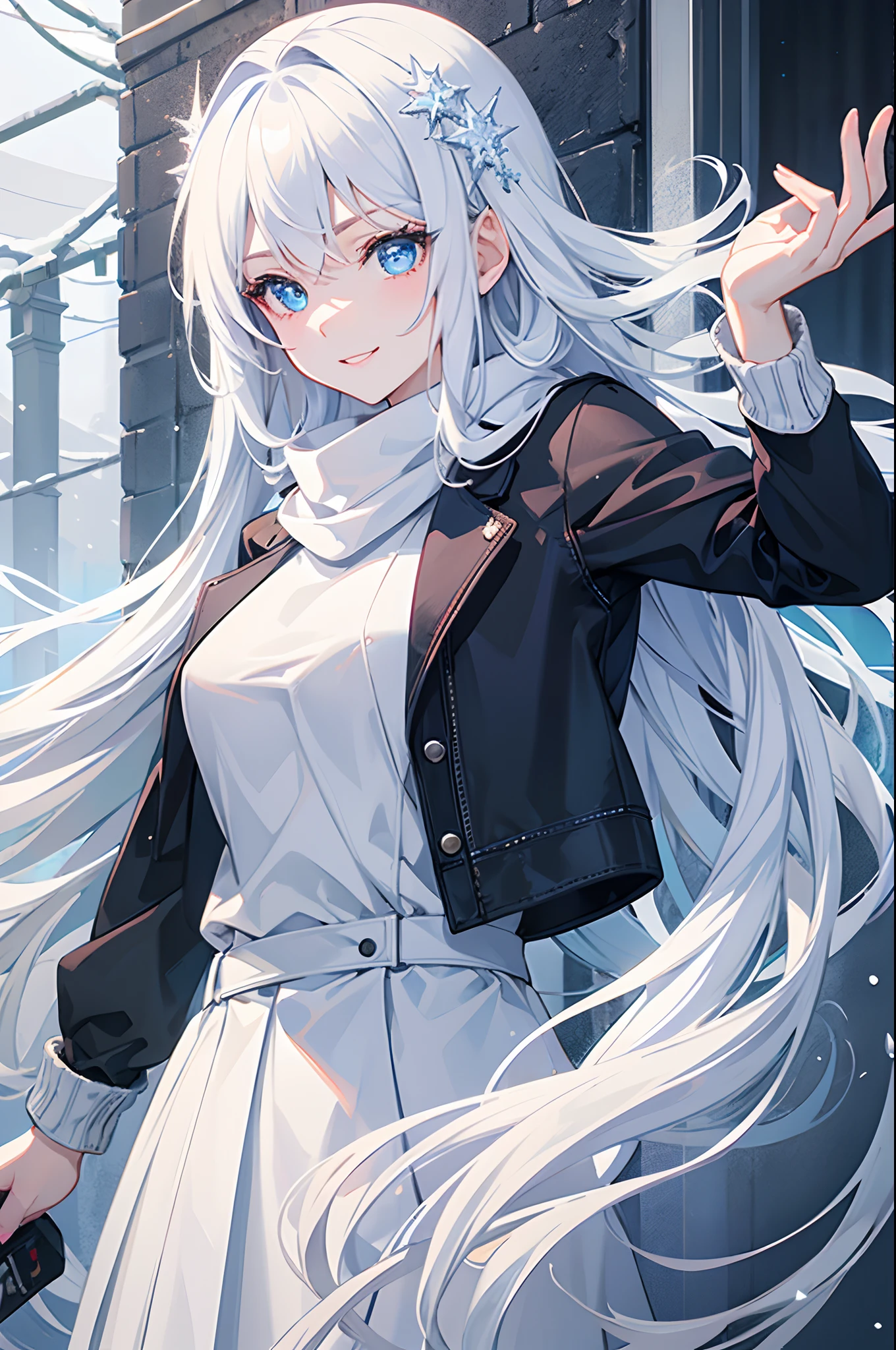 masterpiece, highlydetailed, ultra-detailed, cold, solo, (1girl), (pale skin), icyblue eyes, frosty white hair, cool Chara, flat face, young lady, lady chara, medium boobs, Arrogant, confident, cold face, goddess, cool kuudere girl, sharp eyes, (snowy background), snowflakes, (frozen flowers:0.5), (calm expression), (sparkling ice crystals), (modern casual clothes), (feminine clothes), (snow-covered ground), (smile)