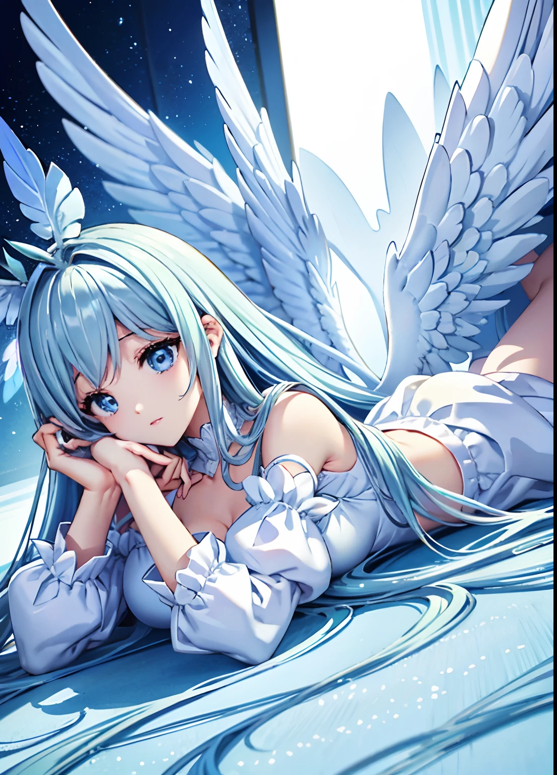 Angel wings、Kawaii Girl、Light blue long hair、White Angel Costume、((top-quality))、((masterpiece))、(ighly detailed、highestdetailed、Official Art、Beautifully Aesthetic:1.2)